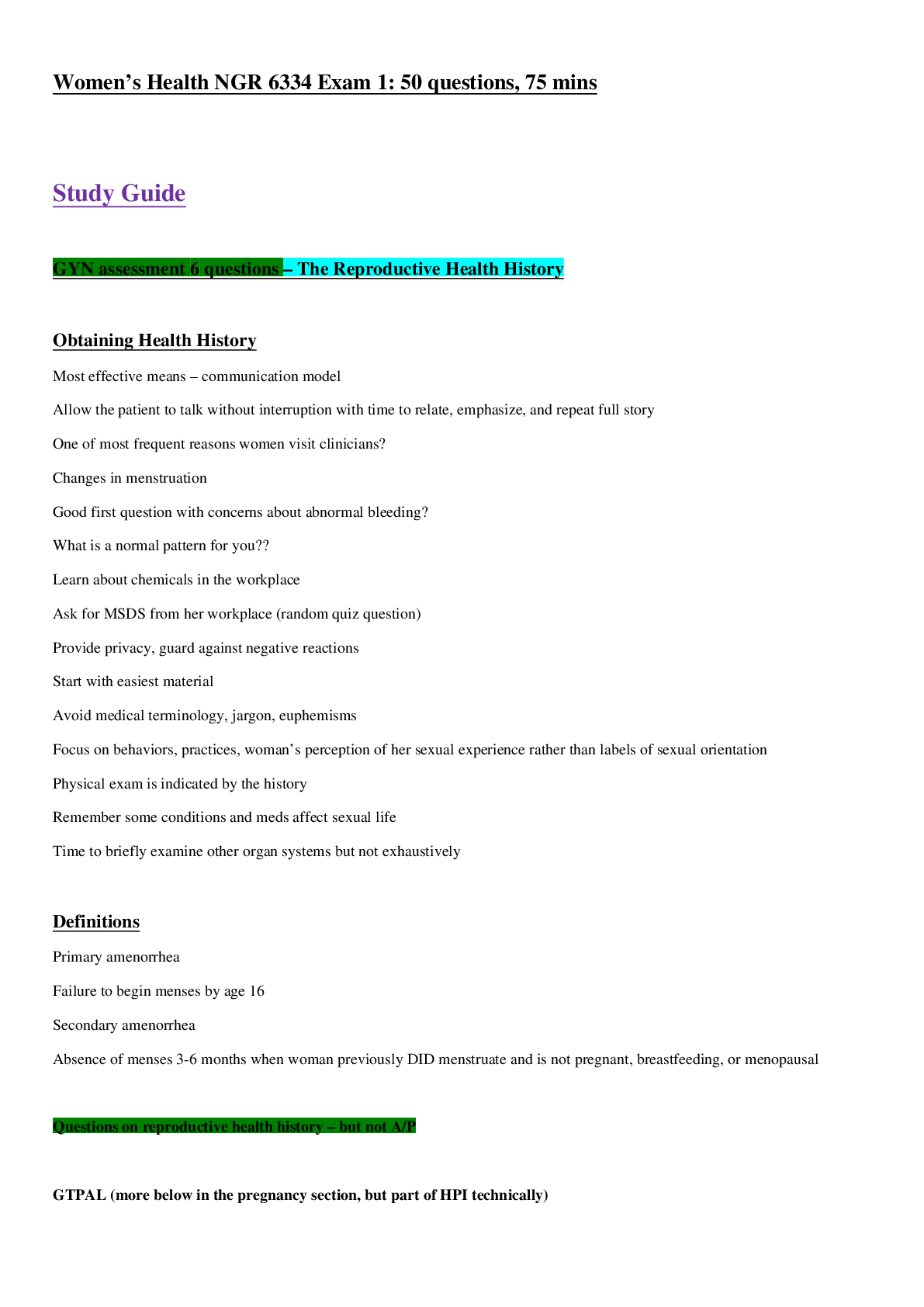 Preview image for Women’s Health NGR 6334 Exam 1 50 questions, 75 mins, Exam 1 review and Study Guide NGR 6334 Questions and Answers with Explanations (STUDY MODE) Questions and Answers (latest Update), 100% Correct, Download to Score A