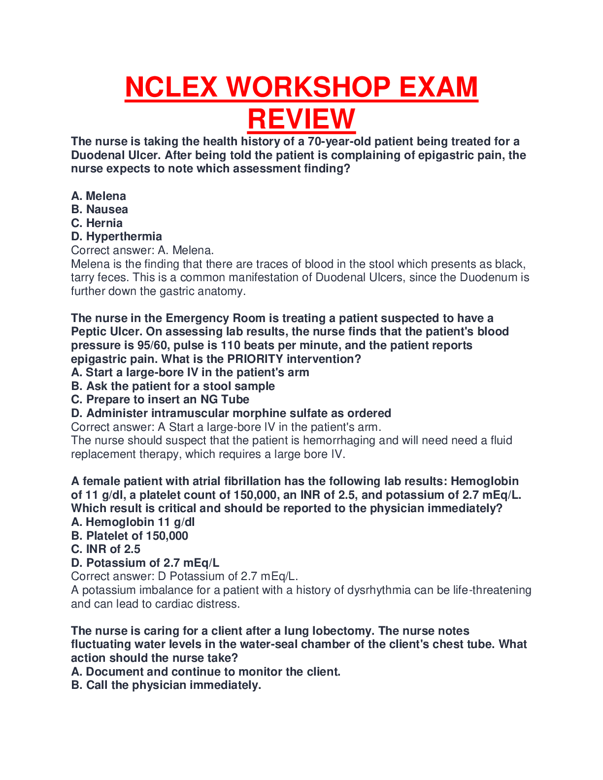 Preview image for NCLEX WORKSHOP  REVIEW EXAM QUESTIONS AND ANSWERS COMPLETE GUIDE SOLUTION