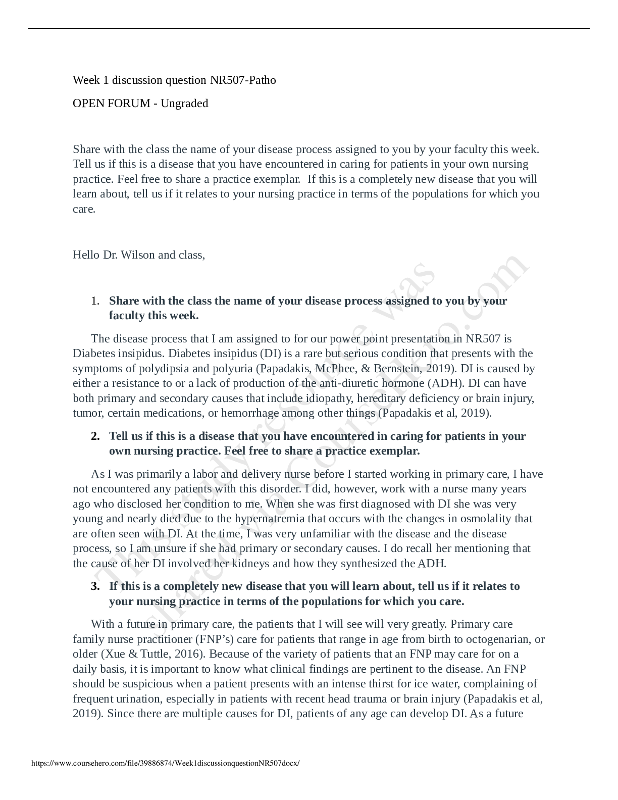 Preview image for NR 507 Week 1 Open Forum Discussion: Diabetes Insipidus