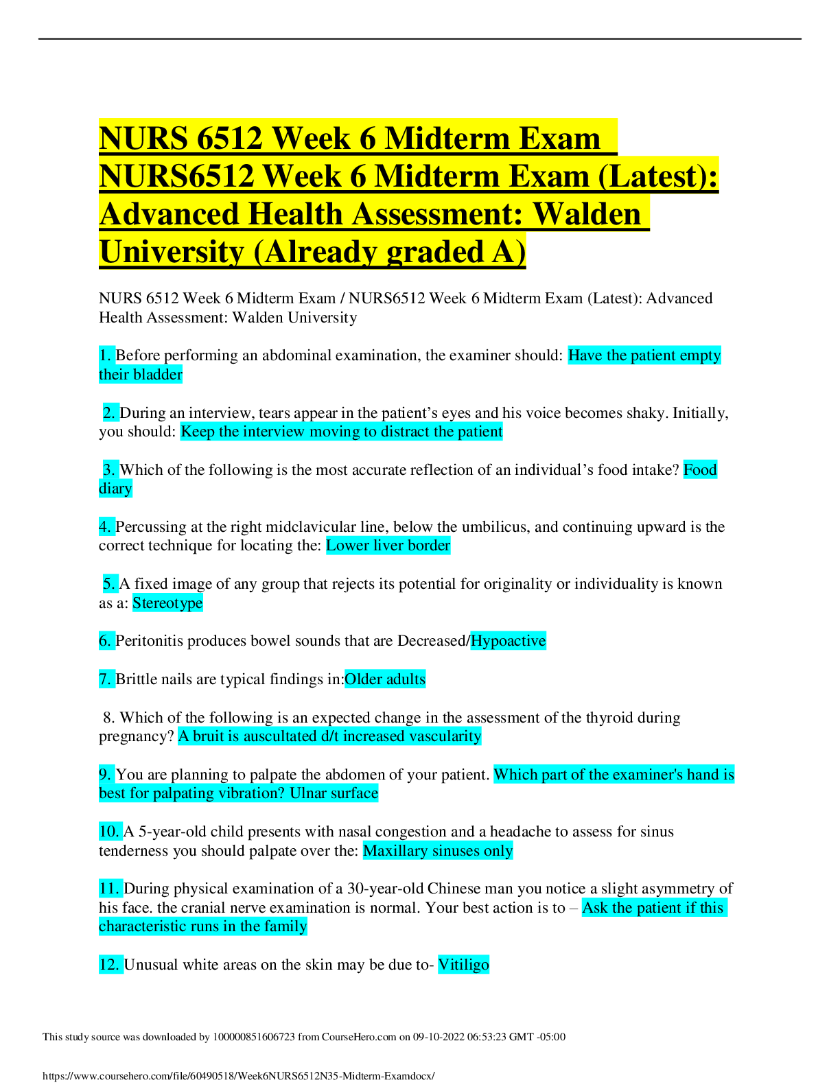 Preview image for NURS 6512 Week 6 Midterm Exam / NURS6512 Week 6 Midterm Exam (Latest): Advanced Health Assessment: Walden University (Already graded A)