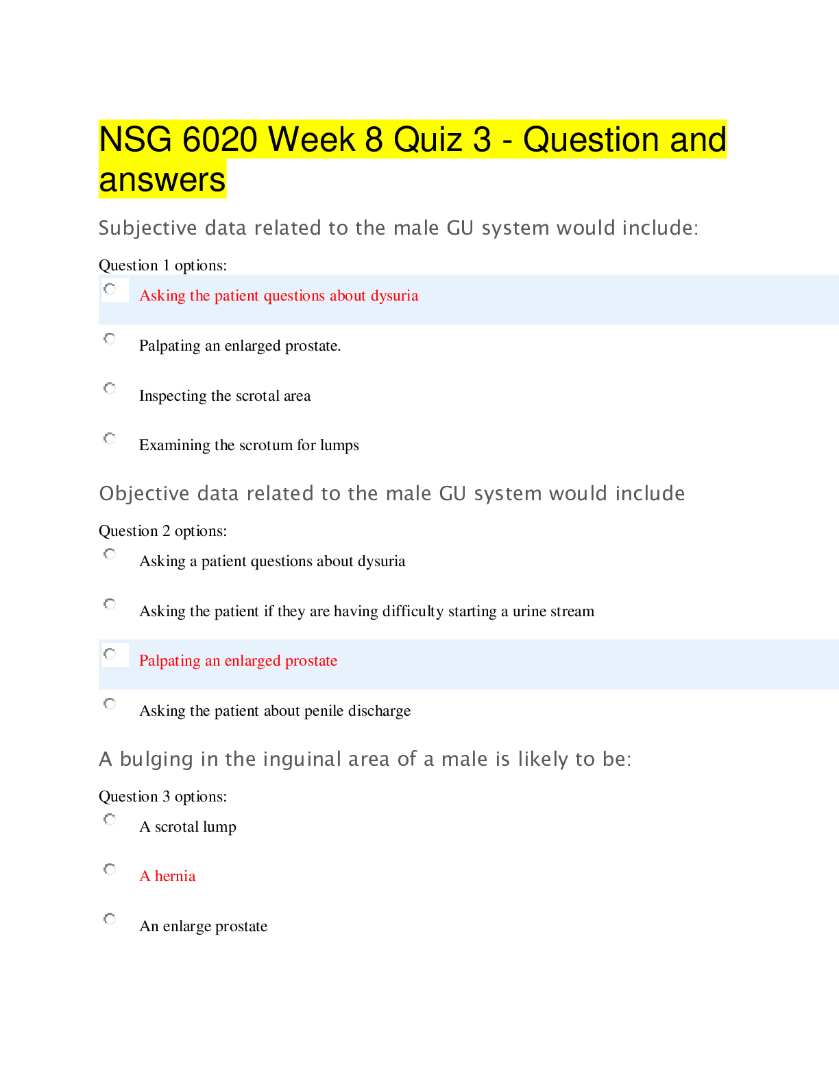 Preview image for NSG 6020 Week 8 Quiz 3 - Question and answers(Download to Score An A)