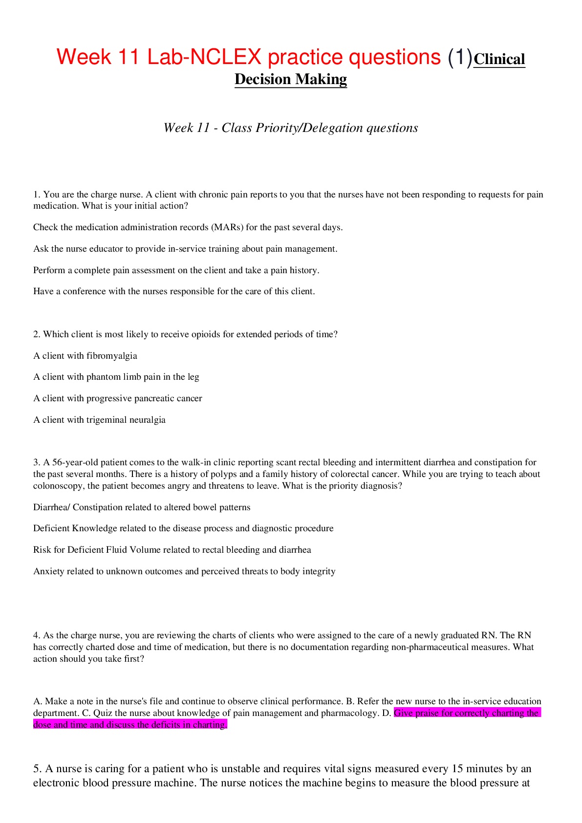 Preview image for Week 11 Lab-NCLEX practice questions ,100% CORRECT