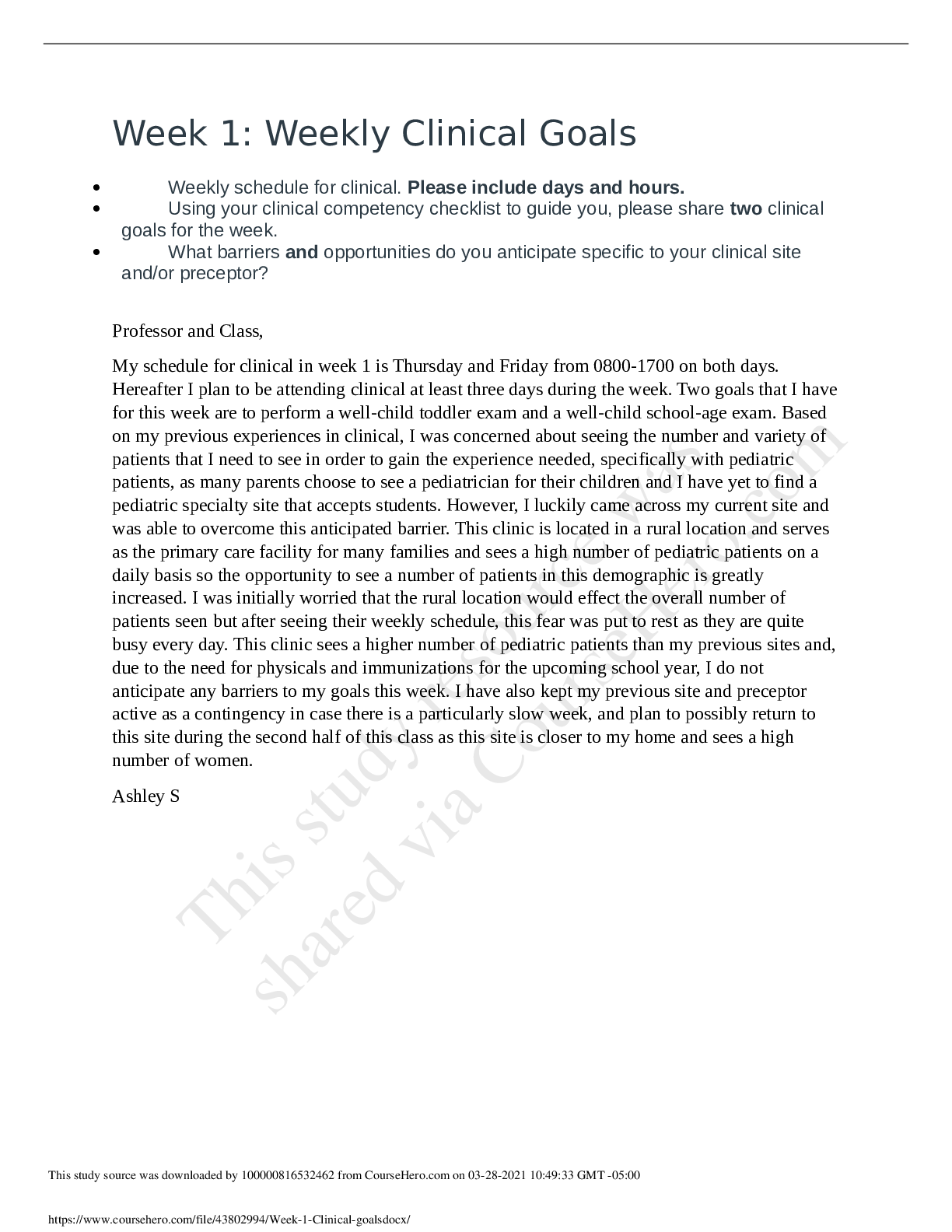 Preview image for NR 602 Week 1 Introductions plus Clinical Site Discussion/RATED A