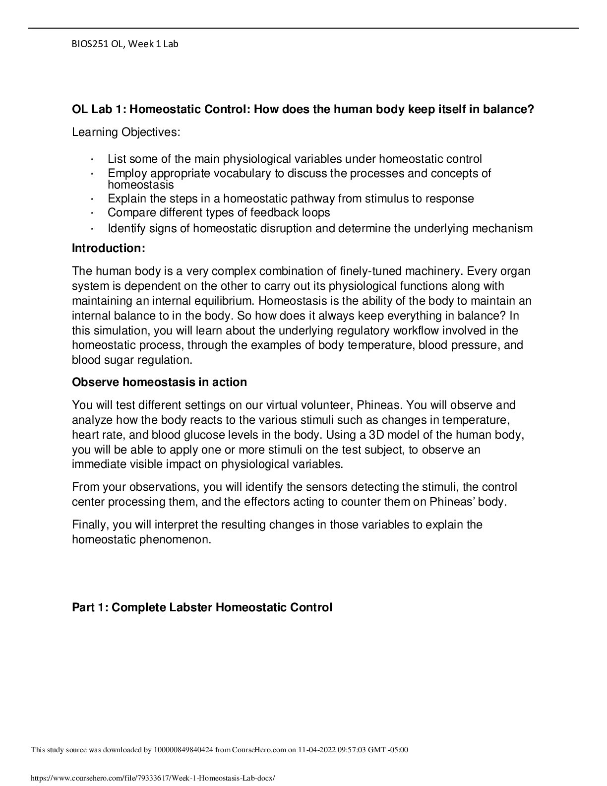 Preview image for (SOLVED) BIOS 251 Week 1 Lab Assignment: Homeostatic Control: How does the human body keep itself in balance