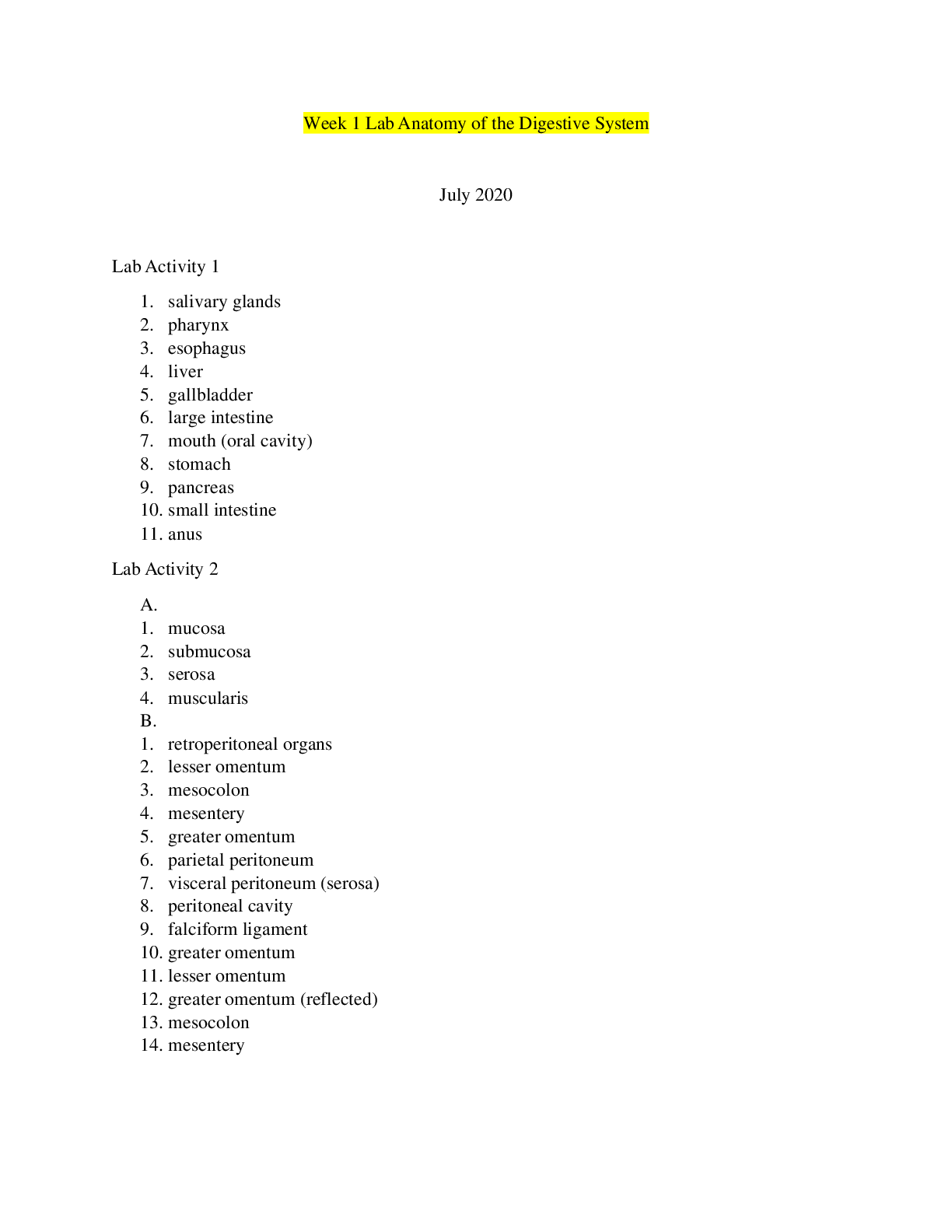 Preview image for Week 1 Lab Anatomy of the Digestive System