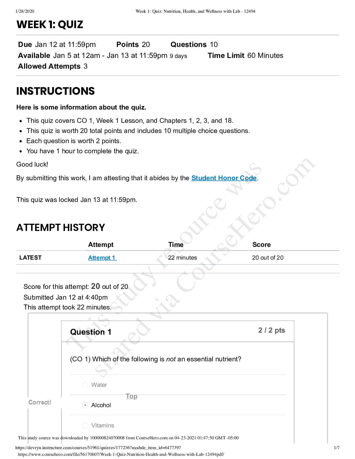 Preview image for SCI 228 Week 1_ Quiz_ Nutrition, Health, and Wellness with Lab - 12494 100% {scored A+}