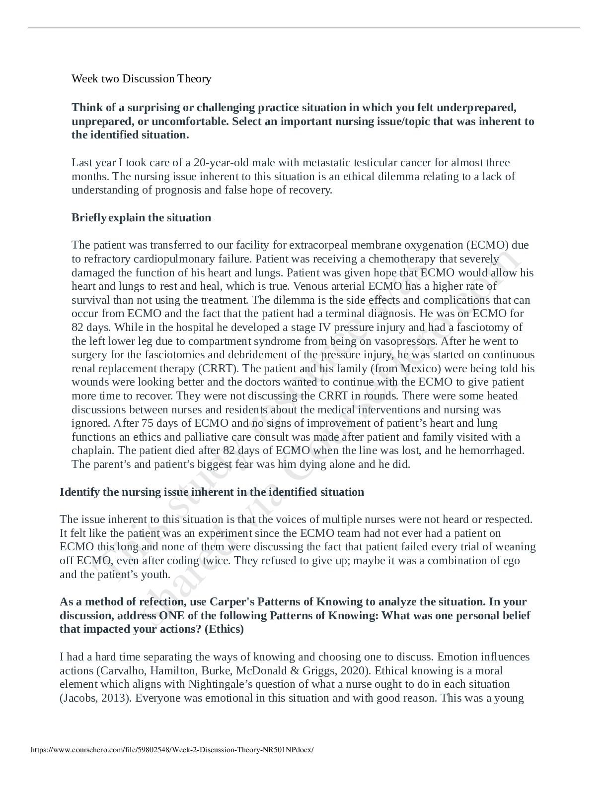Preview of Chamberlain College of Nursing - NR 501Week 2 Discussion Theory NR501NP.