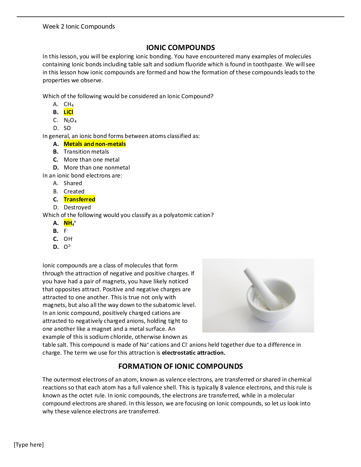 Preview of CHEM 120 Week 2 Ionic Compounds