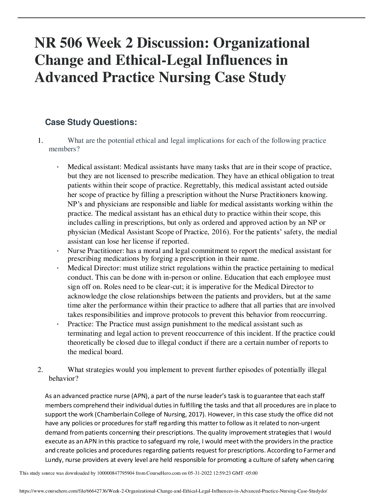 Preview image for Week 2 Organizational Change and Ethical-Legal Influences in Advanced Practice Nursing Case Study