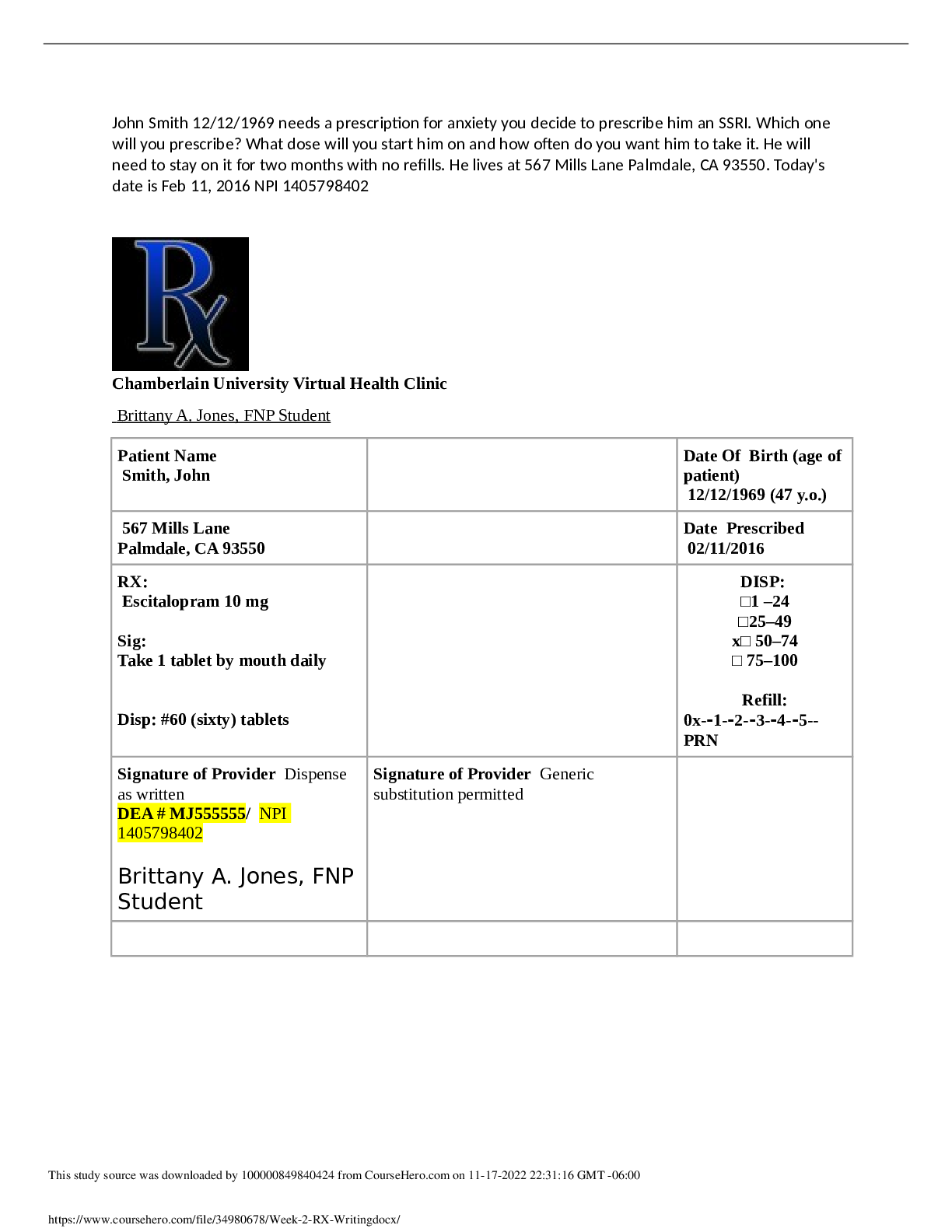 Preview image for NR 508 Week 2 RX Writing Assignment: Escitalopram 10 mg (Dual Variants)Rated A+