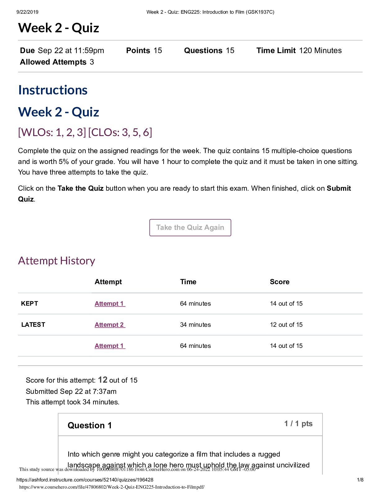 Preview image for ENG 225 Introduction to Film Week 2 Quiz - Score for this attempt: 12 out of 15