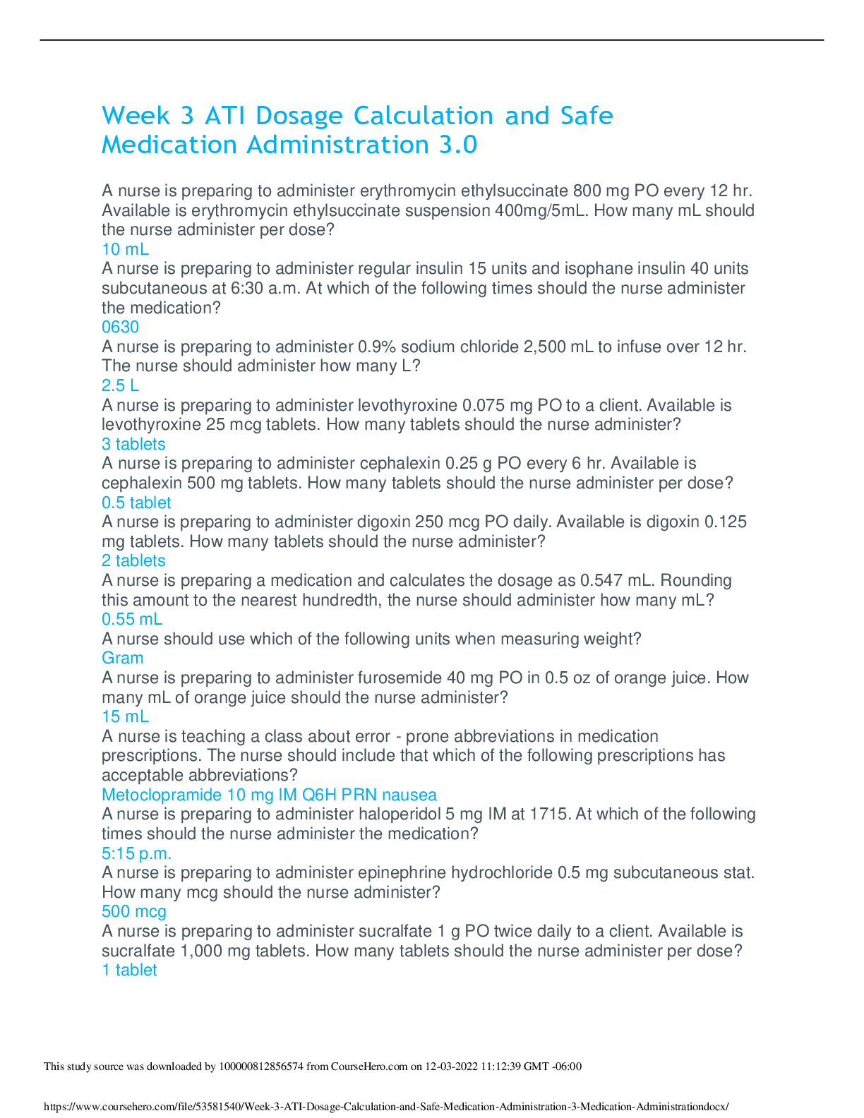 Preview image for Week 3 ATI Dosage Calculation and Safe Medication Administration 3.0
