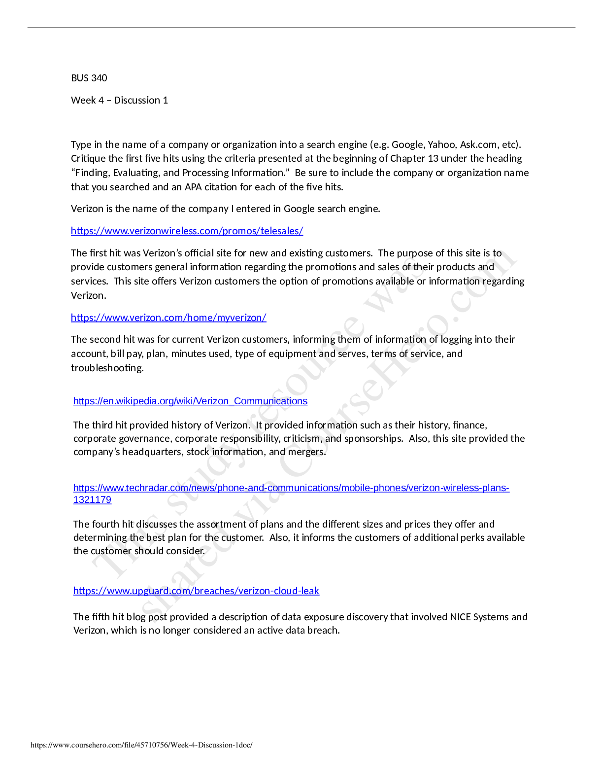 Preview of Ashford University - BUS 340Week 4 - Discussion 1