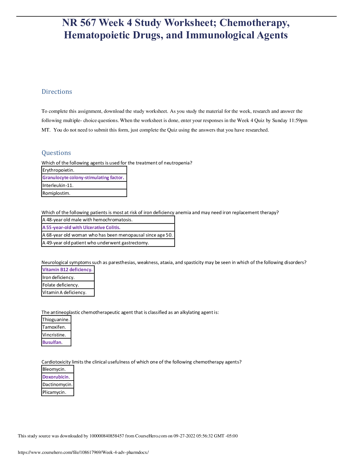 Preview image for NR 567 Week 4 Study Worksheet; Chemotherapy, Hematopoietic Drugs, and Immunological Agents