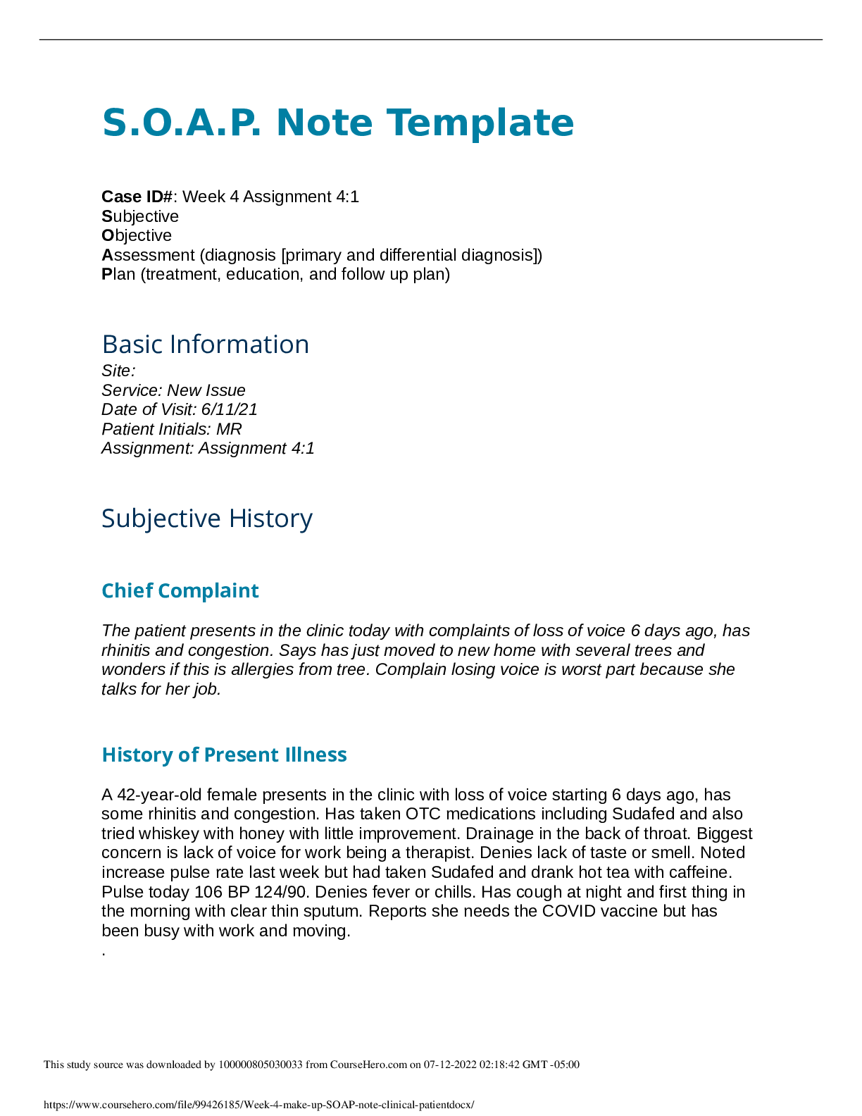 Preview image for ADULT 620 Week 4 make up SOAP note clinical patient