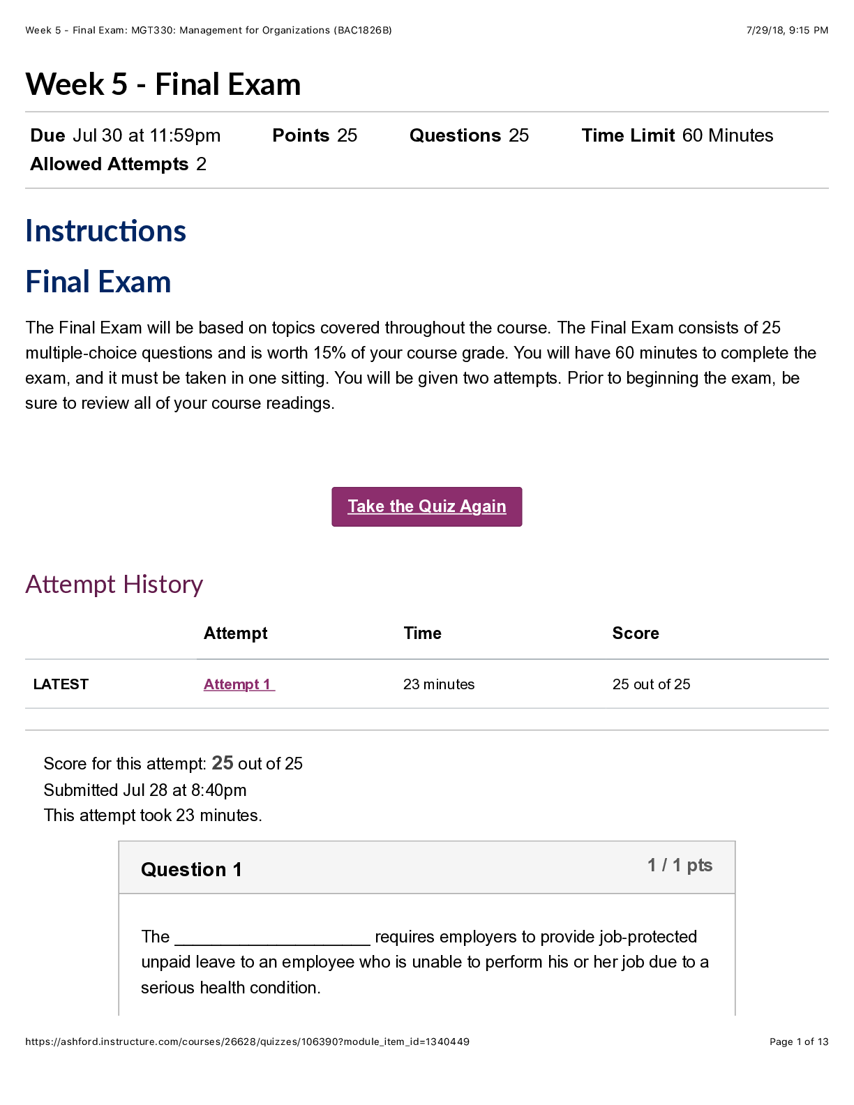 Preview of MGT 330 Week 5 Final Exam 1 with Answers