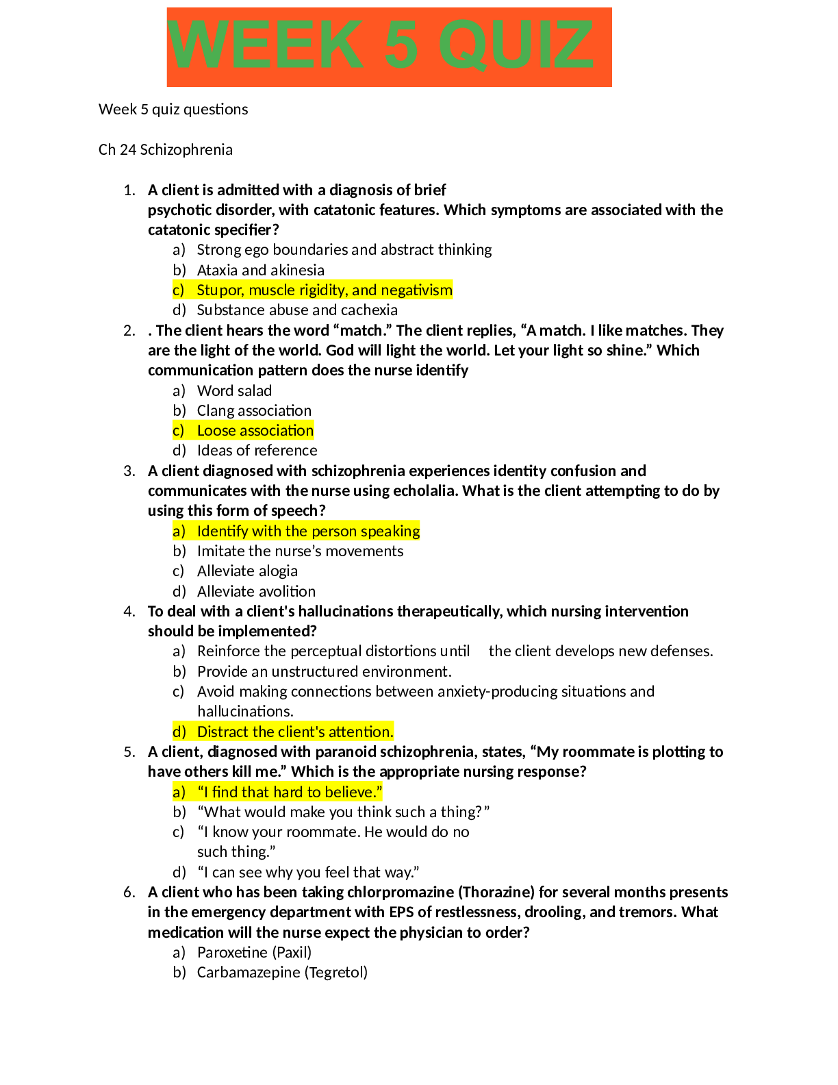 Preview image for Week 5 quiz questionsChamberlain College of Nursing MENTAL NR 326 LATEST UPDATE 2022