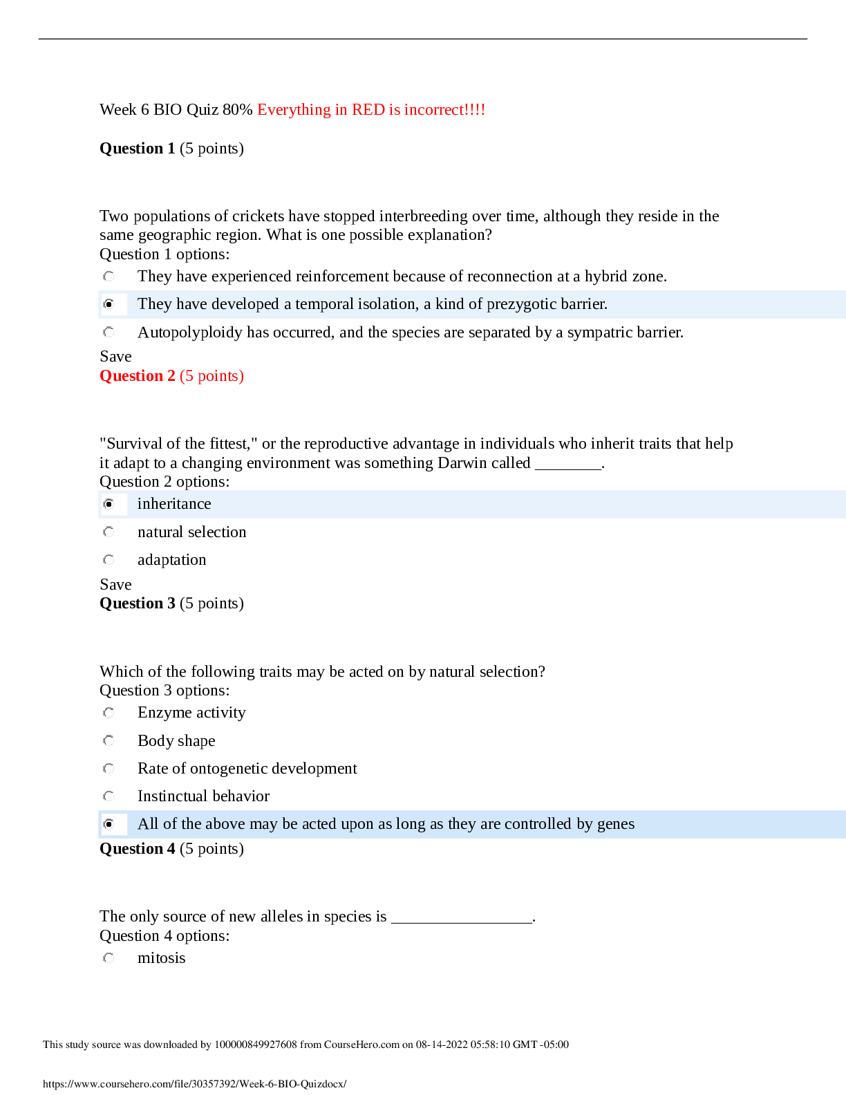 Preview of University of Maryland, University CollegeBIO 101 Week 6 BIO Quiz. Quiz 90% .