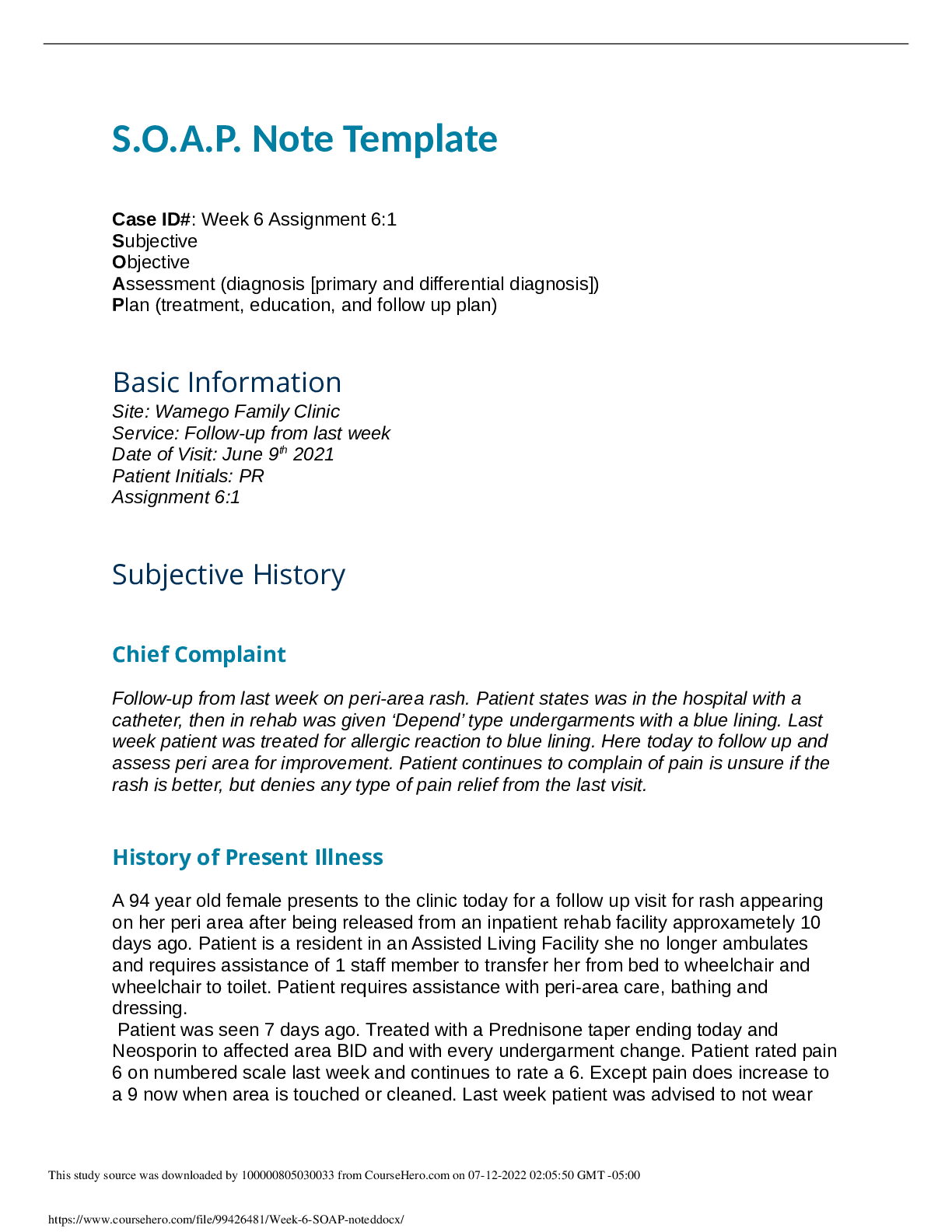 Preview image for Week 6 SOAP note Patient Initials P.R. A 94 year old female