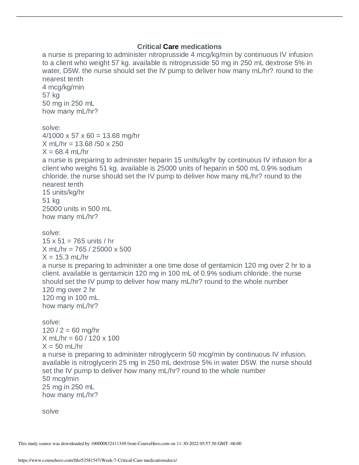 Preview of ati dosage calculations critical care form b proctored exam| Dosage Practice Calculation Q