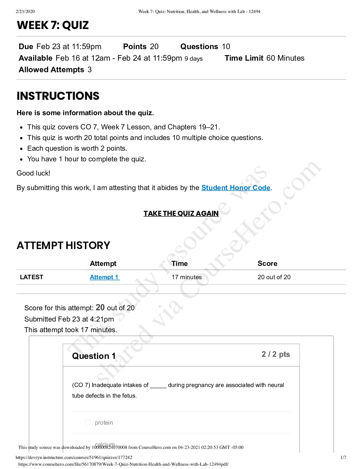 Preview image for SCI 228 Week 7_ Quiz_ Nutrition, Health, and Wellness with Lab - 12494 GRADED A+