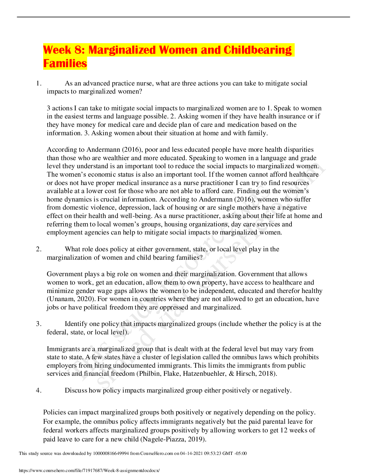 Preview image for NR 602 Week 8 Discussion with Responses: Marginalized Women and Childbearing Families (Complete Guide)