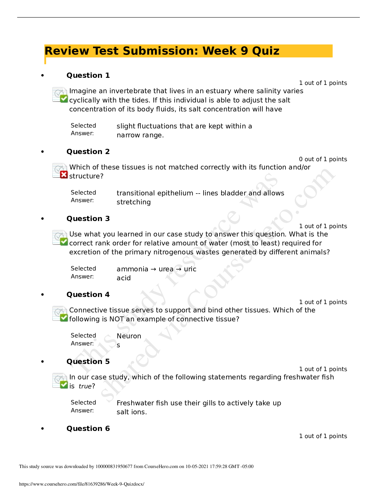Preview image for Solved BIOl 1011 Week 9 Quiz.100℅