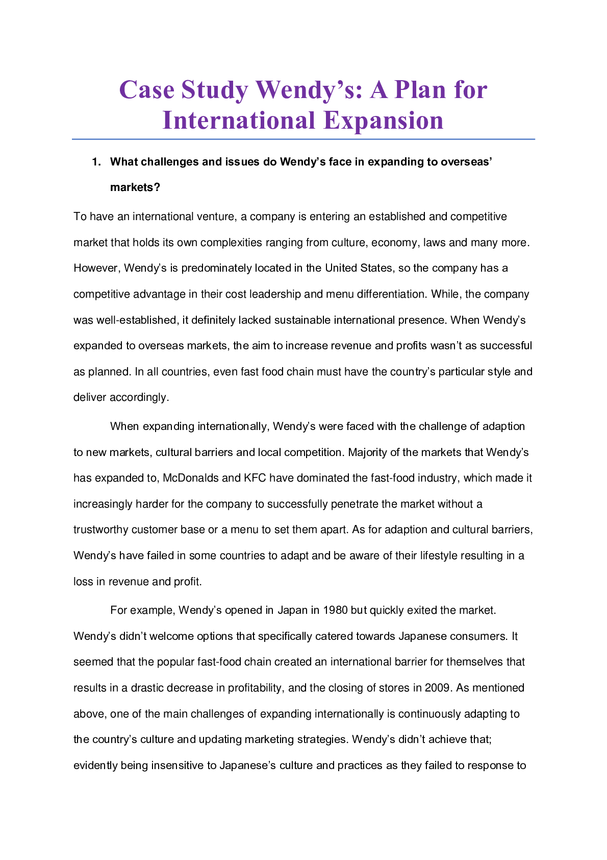 Preview image for Research Paper > Case Study Wendy’s: A Plan for International Expansion