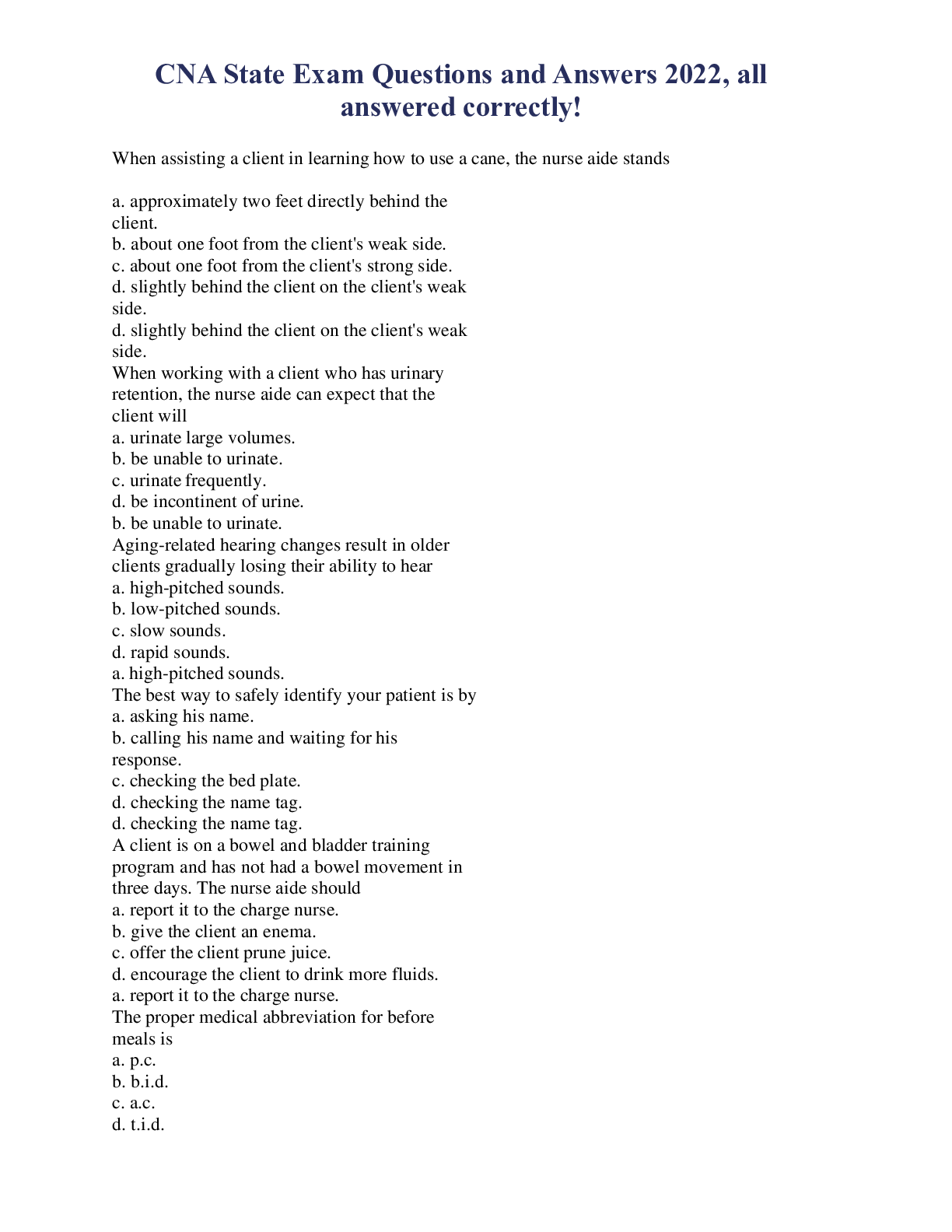 Preview image for CNA State Exam Questions and Answers 2022, all answered correctly!