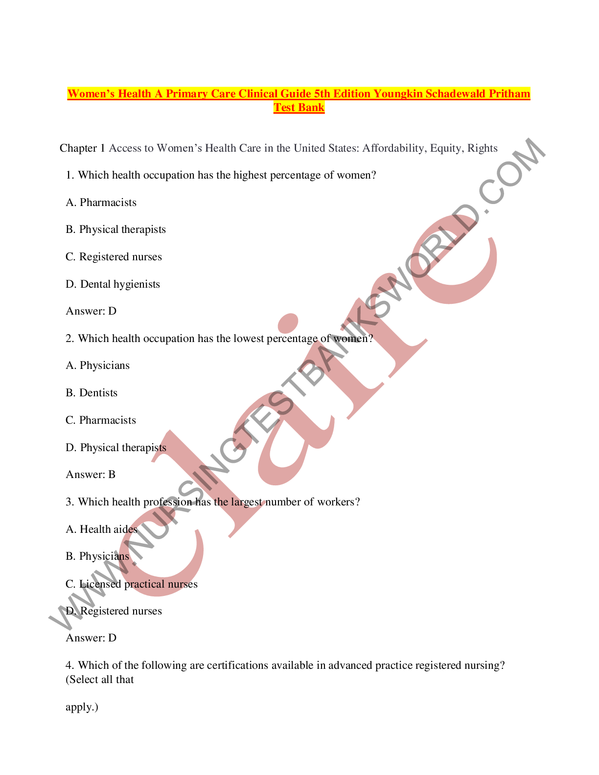 Preview image for Women’s Health A Primary Care Clinical Guide 5th Edition Youngkin Schadewald Pritham Test Bank