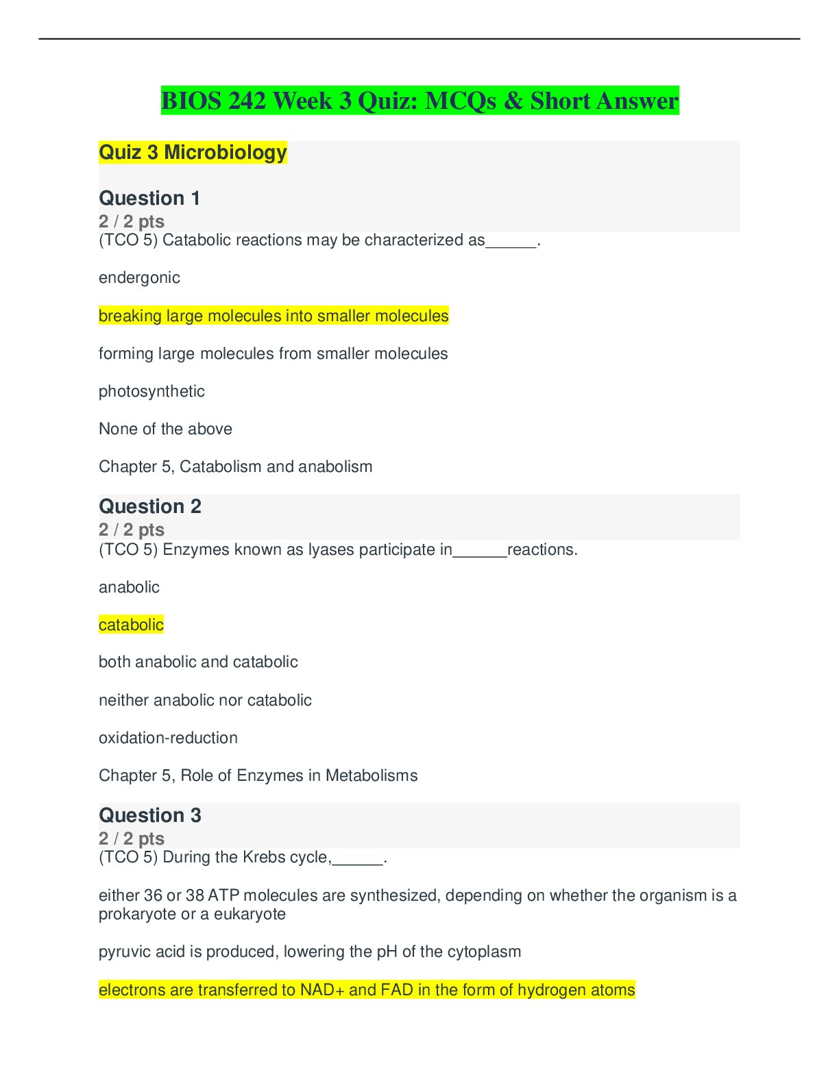 Preview image for BIOS 242 Week 3 Quiz: MCQs & Short Answer Latest Complete Solution Guide