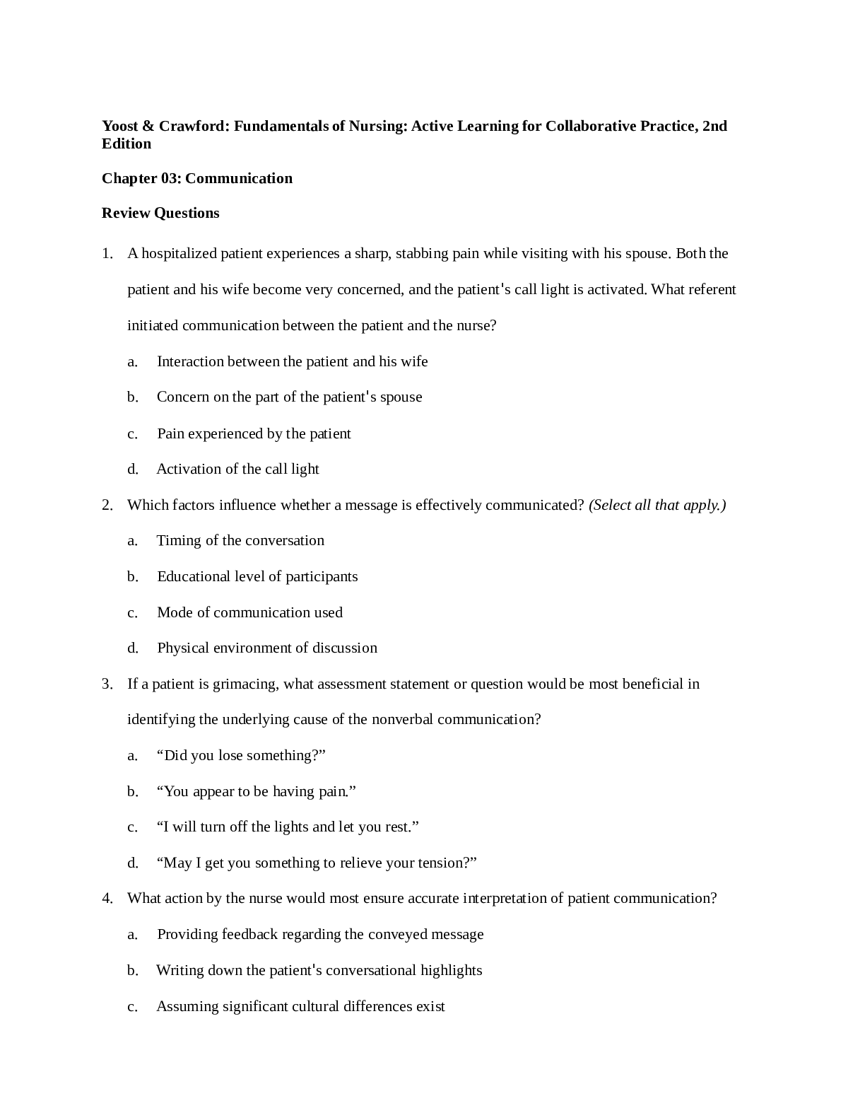 Preview image for Yoost & Crawford: Fundamentals of Nursing: Active Learning for Collaborative Practice, 2nd Edition   Review Questions