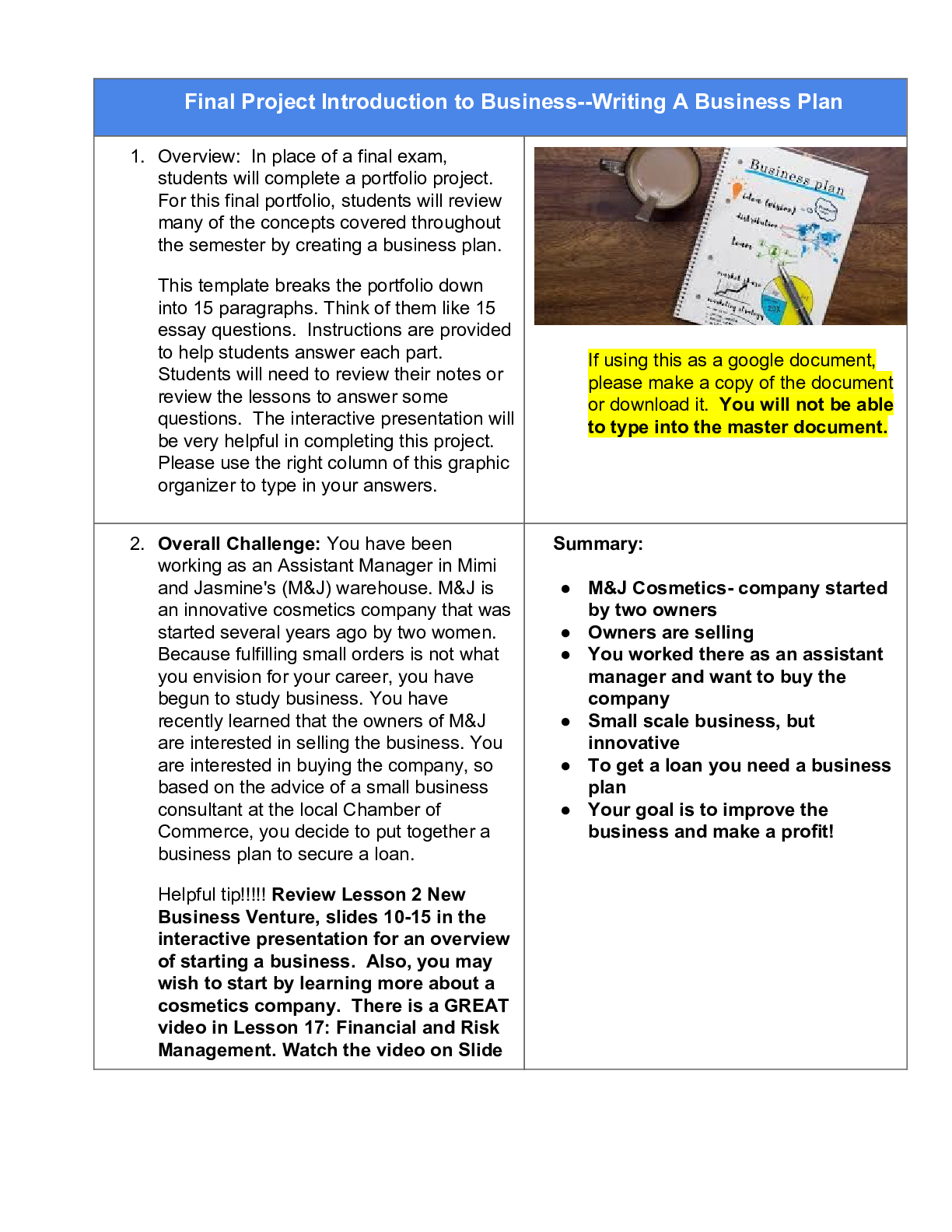 Preview image for Final Project Introduction to Business--Writing A Business Plan 2021/2022