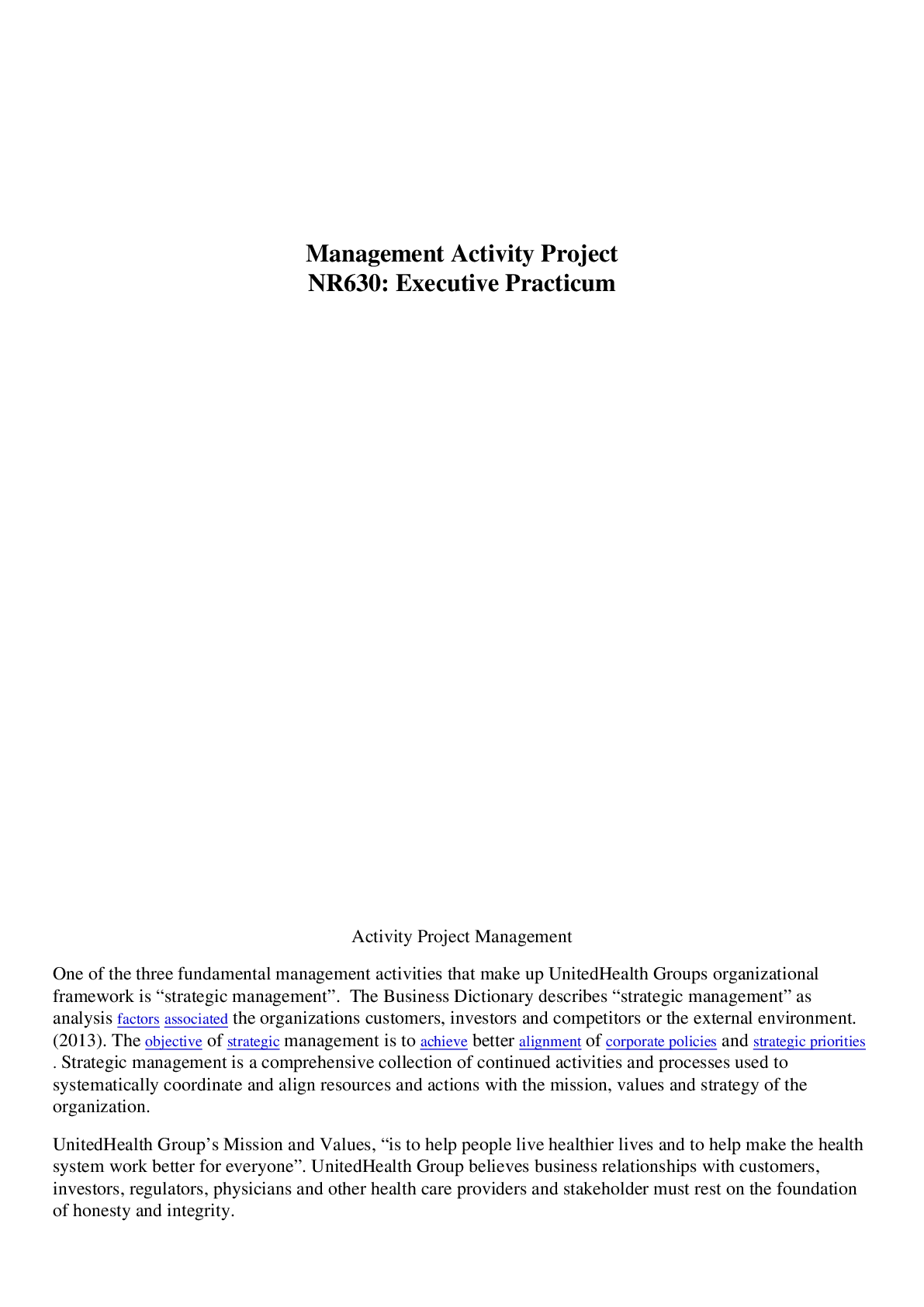 Preview image for NR 630 Week 7 Assignment: Management Project – UnitedHealth Groups{100%}