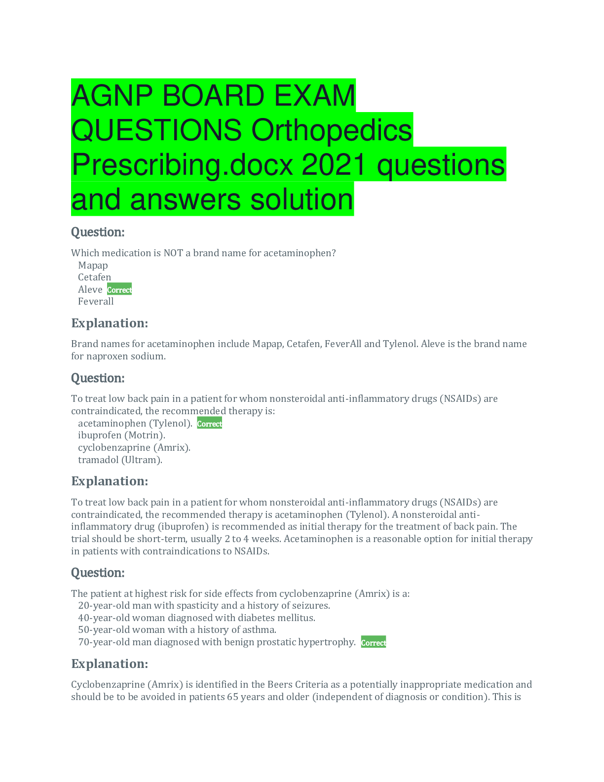Preview of AGNP BOARD EXAM QUESTIONS Orthopedics Prescribing.docx 2021 questions and answers solution