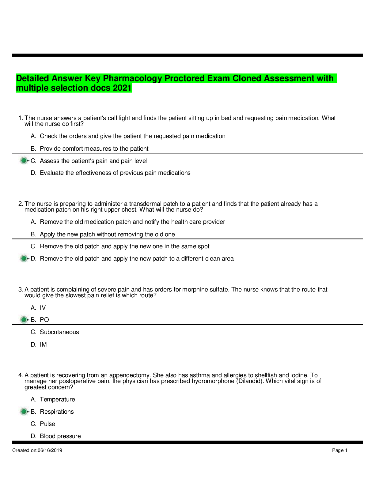 Preview of Detailed Answer Key Pharmacology Proctored Exam Cloned Assessment with multiple selection