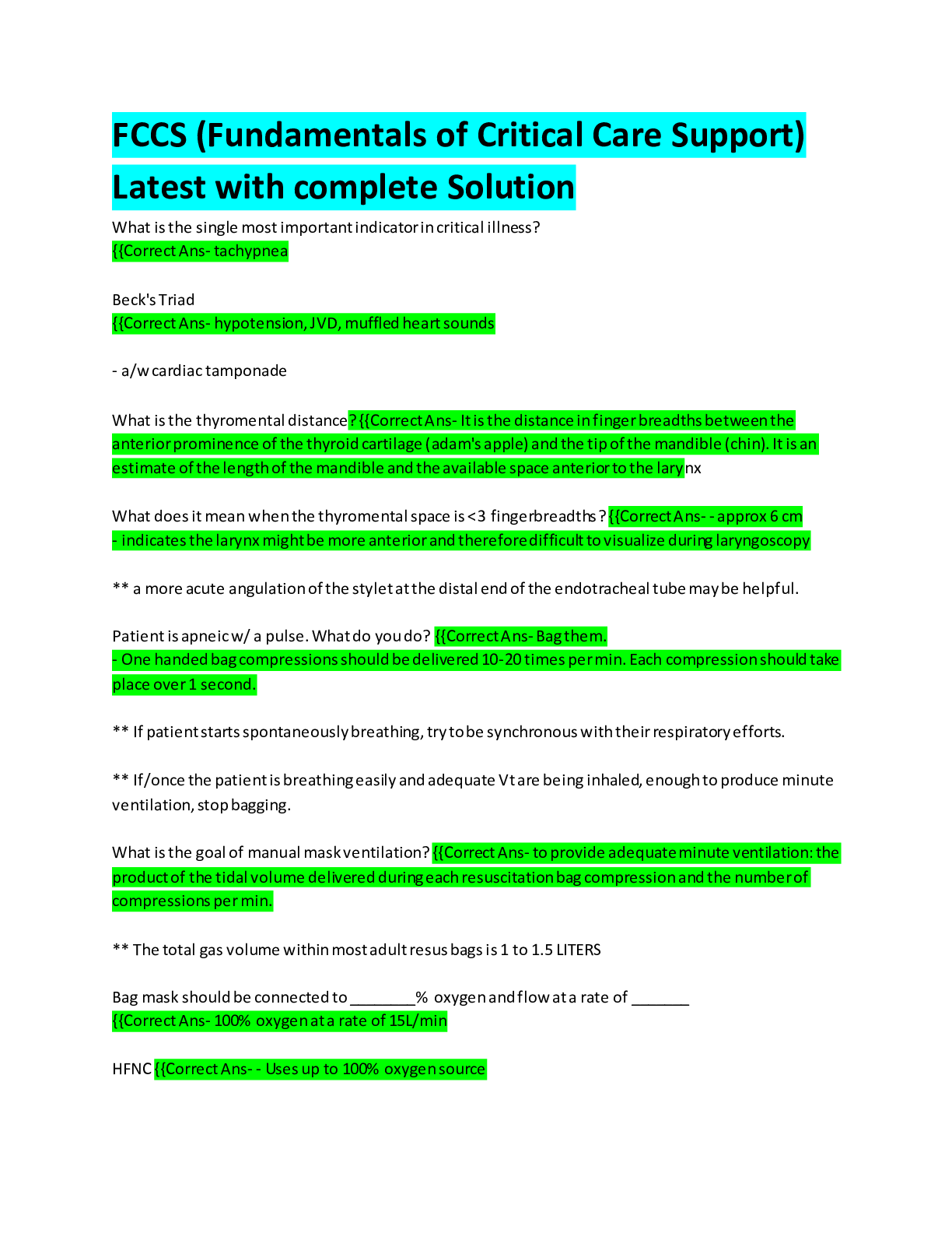 Preview image for FCCS (Fundamentals of Critical Care Support) Exam – Questions And Answers