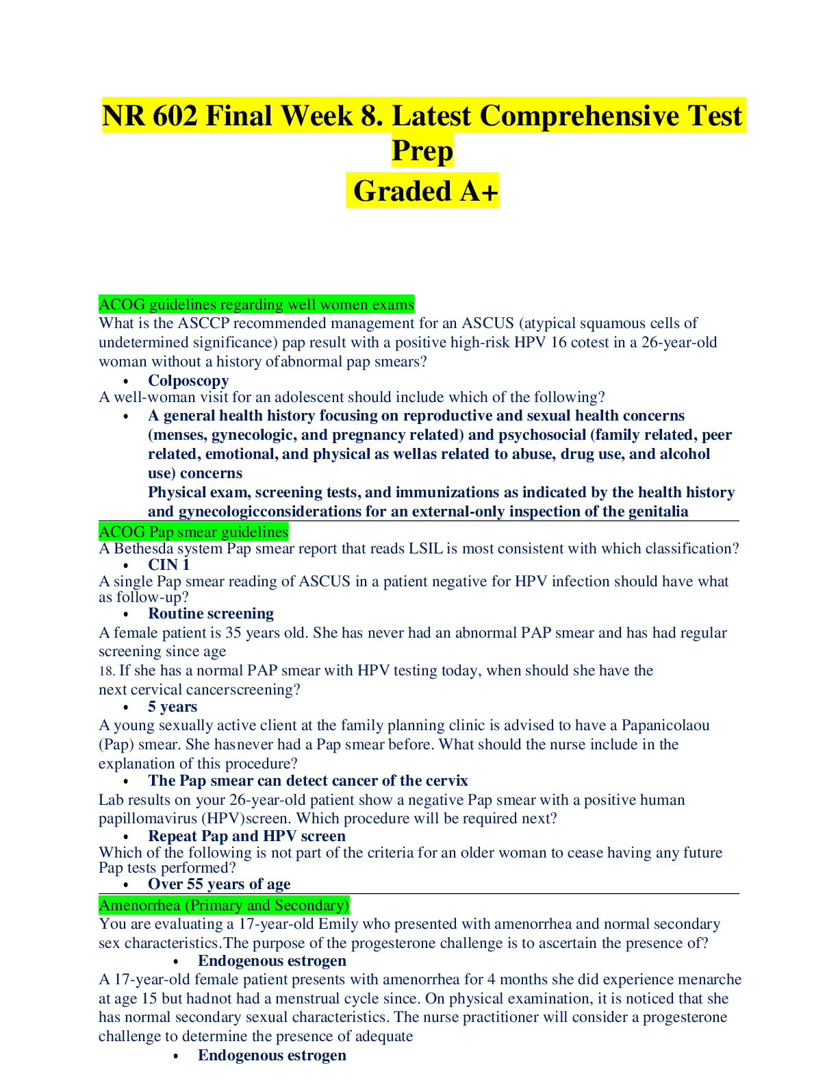 Preview image for NR 602 Final Week 8. Latest Comprehensive Test Prep  Graded A+