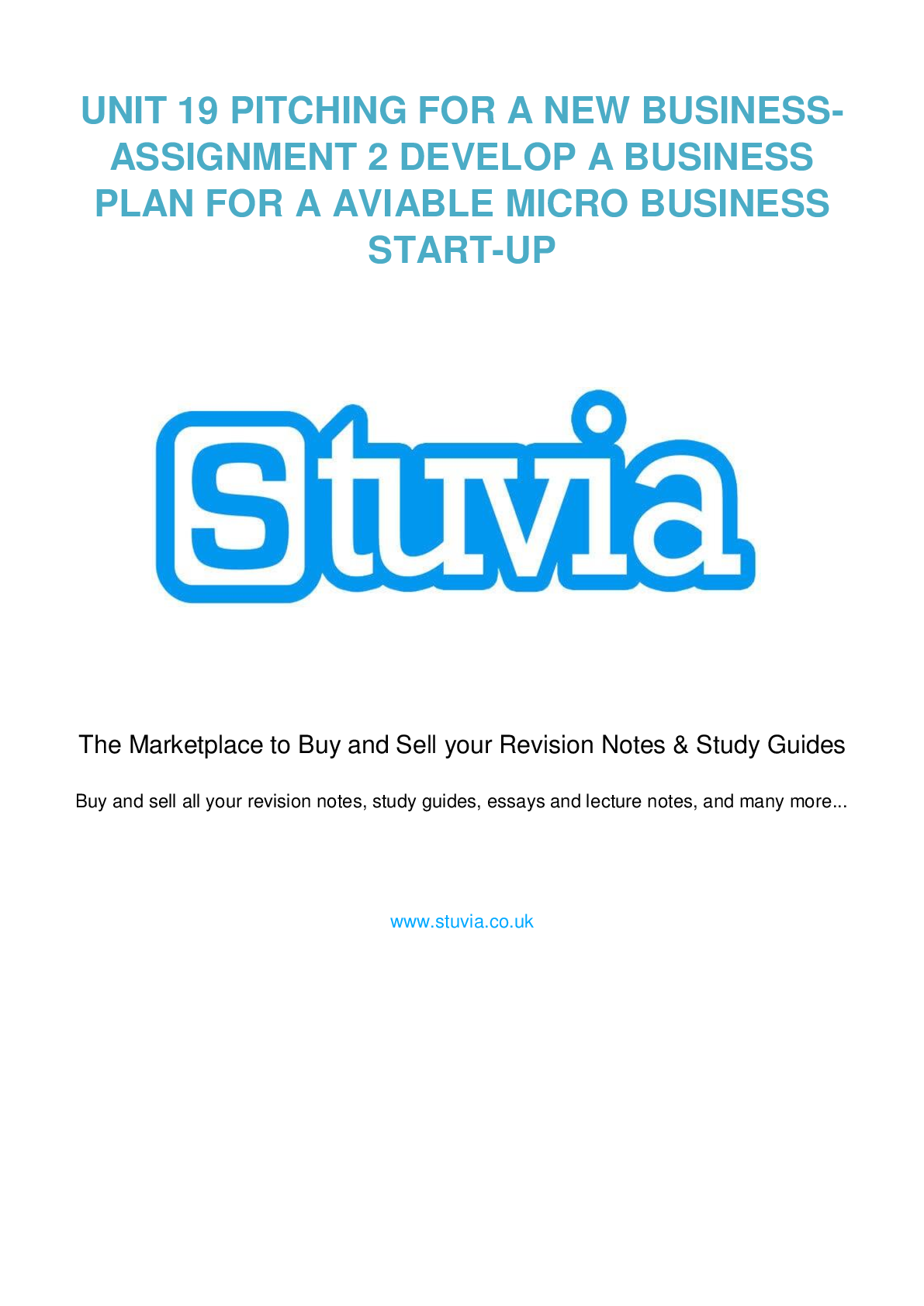 Preview image for UNIT 19 PITCHING FOR A NEW BUSINESSASSIGNMENT 2 DEVELOP A BUSINESS PLAN FOR A AVIABLE MICRO BUSINESS START-UP