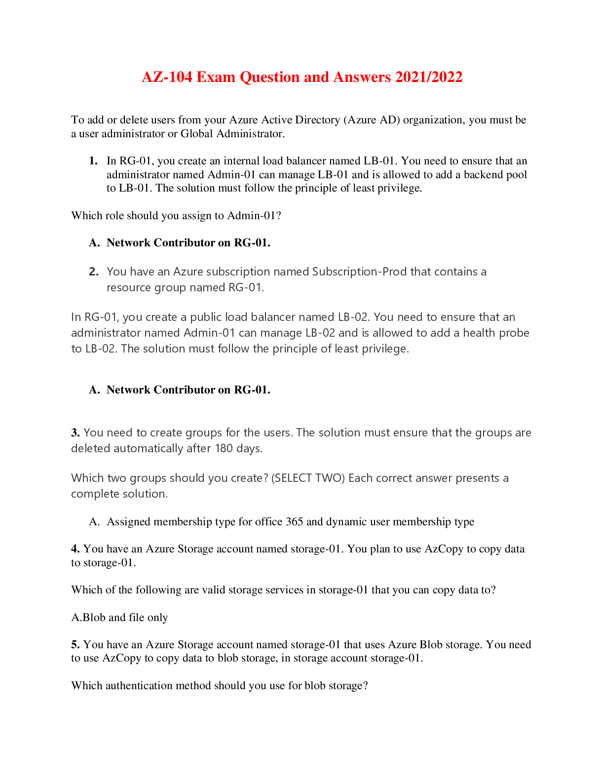 Preview image for AZ-104 Exam Question and Answers 2021/2022