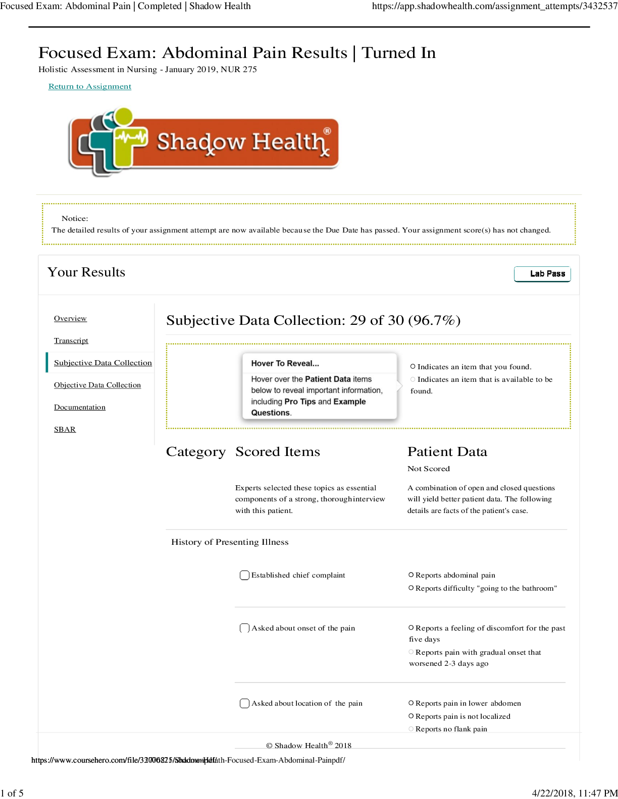 Preview image for Shadow Health Tina Jones Focused Exam, Abdominal Pain Results - NUR 275 -Holistic Assessment in Nursing. Subjective Data Collection: Score 29 of 30