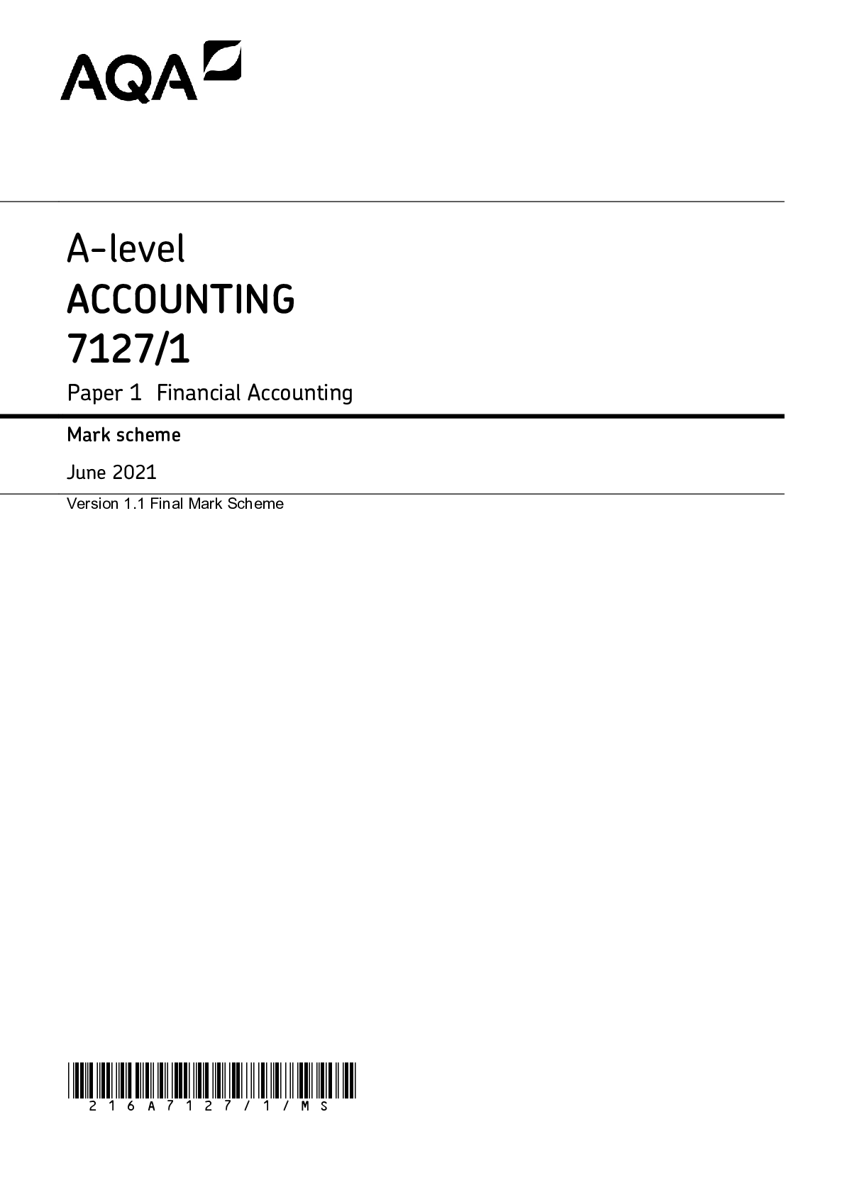 Preview image for AQA A-level ACCOUNTING 7127/1 Paper 1 Financial Accounting Mark scheme June 2021 Version 1.1 Final Mark Scheme