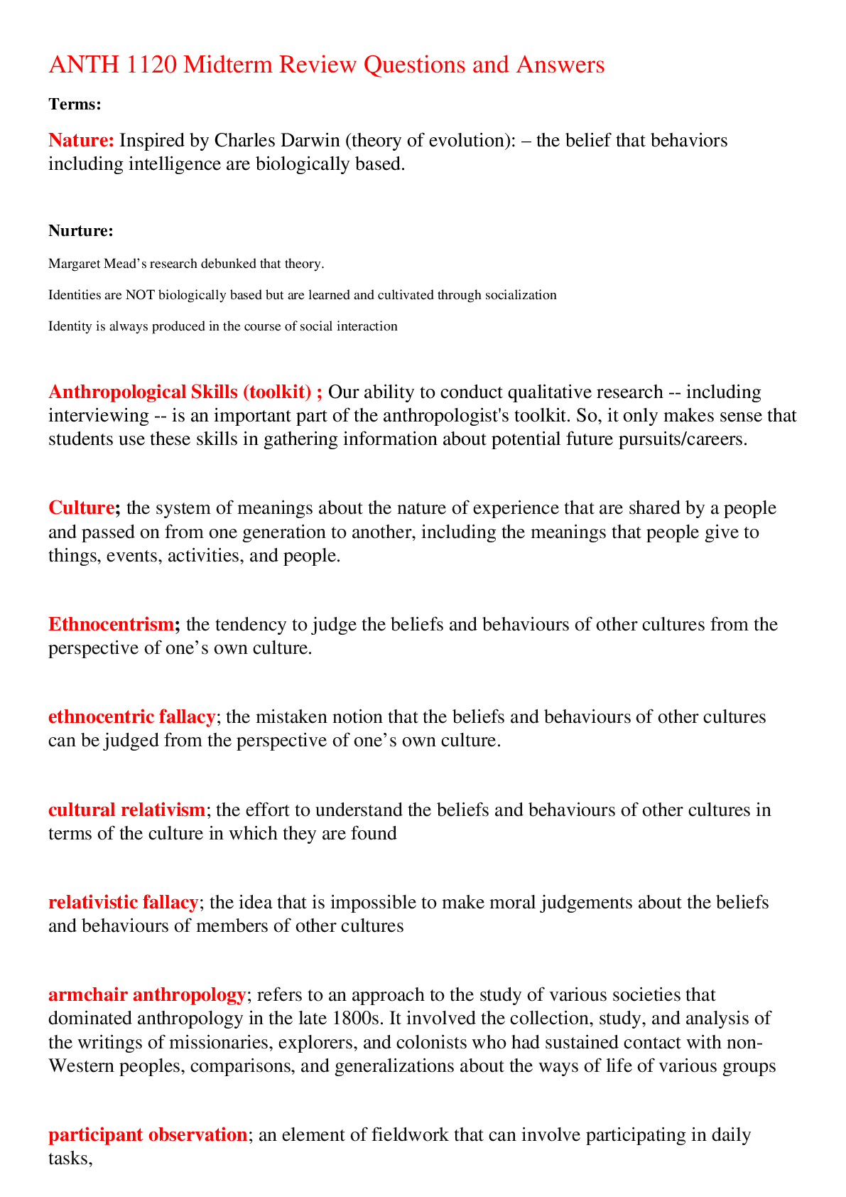 Preview image for ANTH 1120 Midterm Review Questions and Answers,100% CORRECT