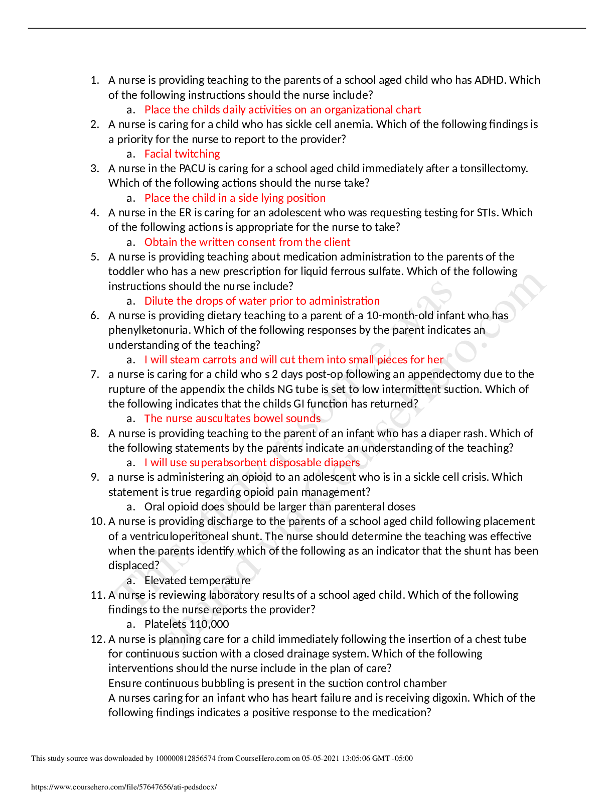 Preview image for NUR PEDIATRIC ATI peds EXAM GUIDE 100% CORRECT 101 0UT OF 101 QUESTIONS AND ANSWERS
