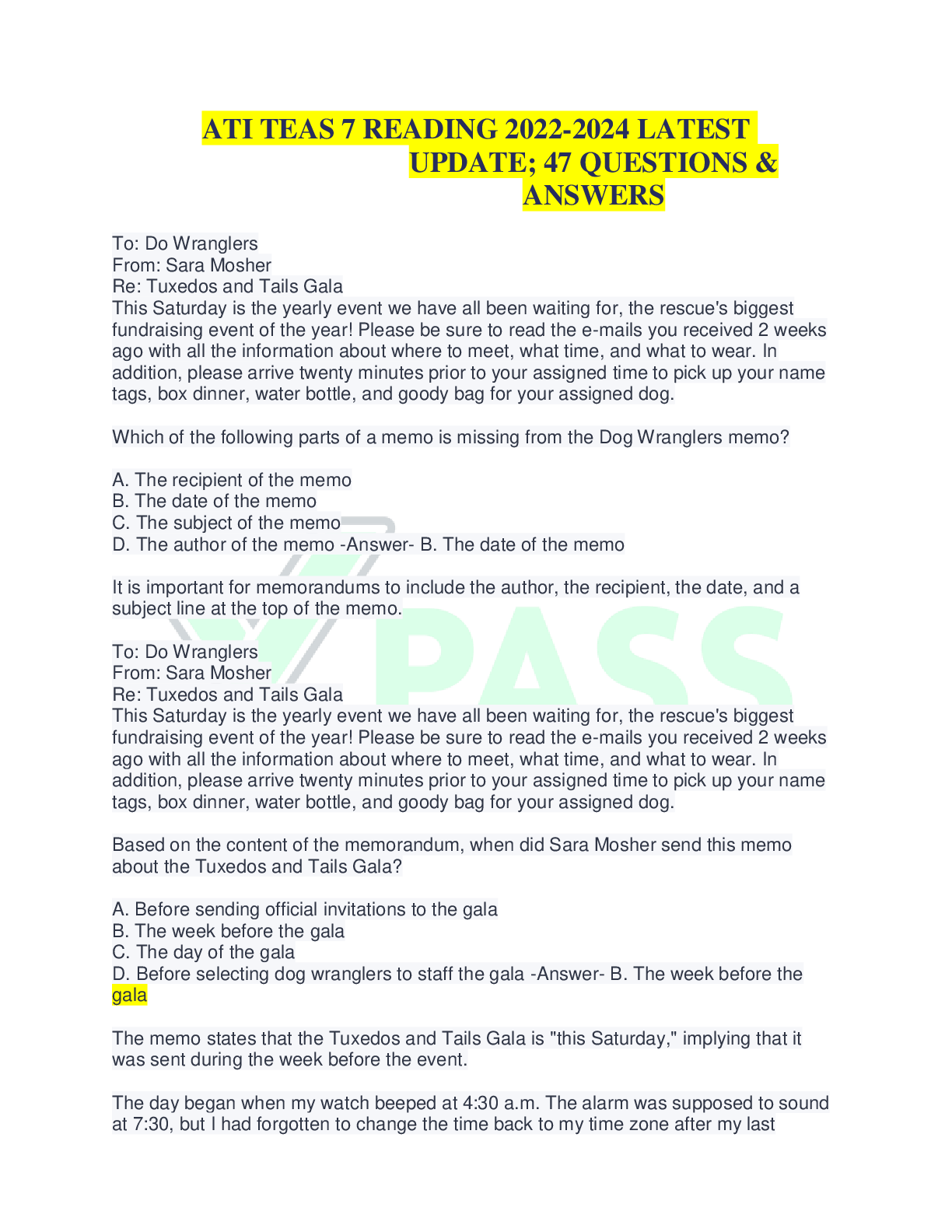 Preview of ATI TEAS 7 READING 2022-2024 LATEST UPDATE; 47 QUESTIONS & ANSWERS