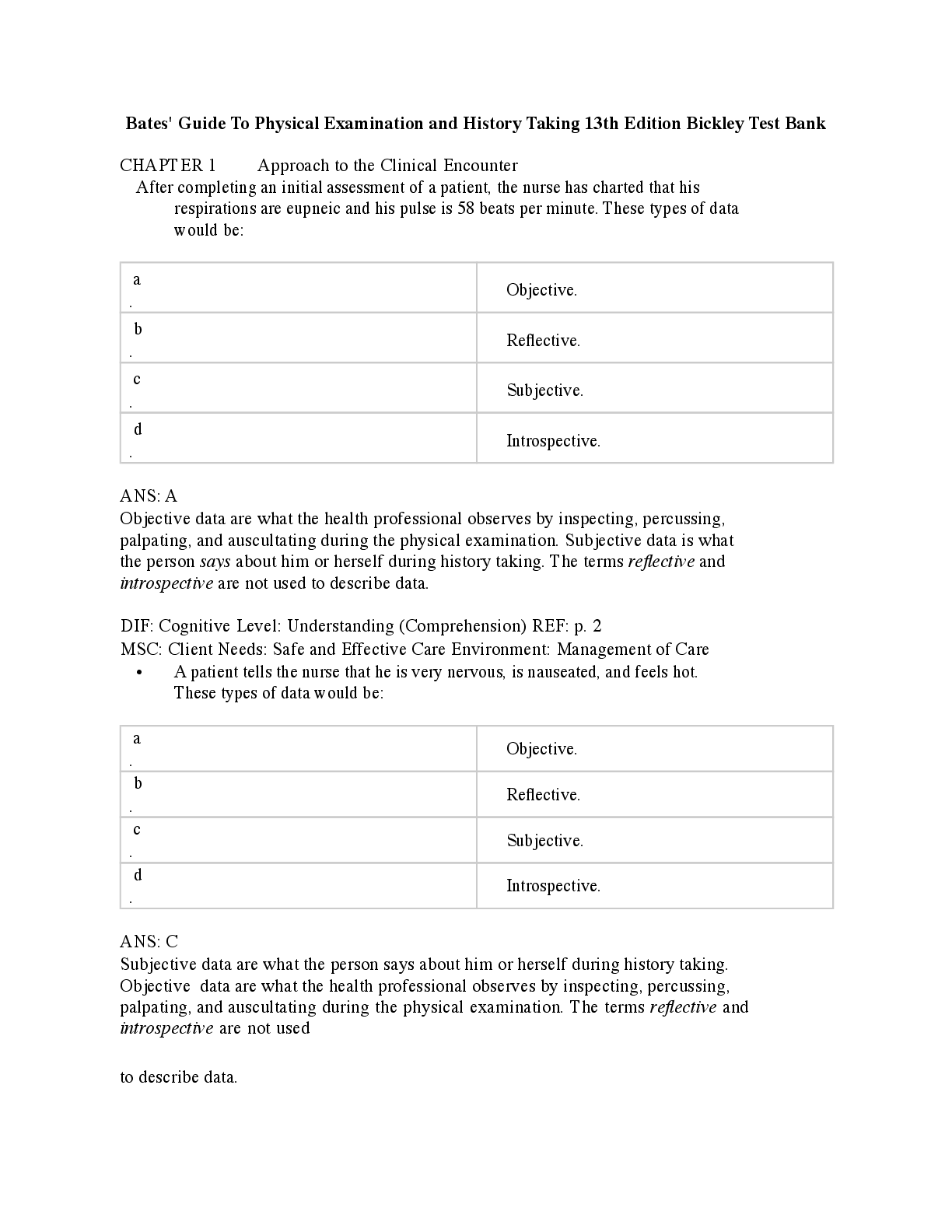 Preview of Bates Guide To Physical Examination and History Taking 13th Ed TEST BANK