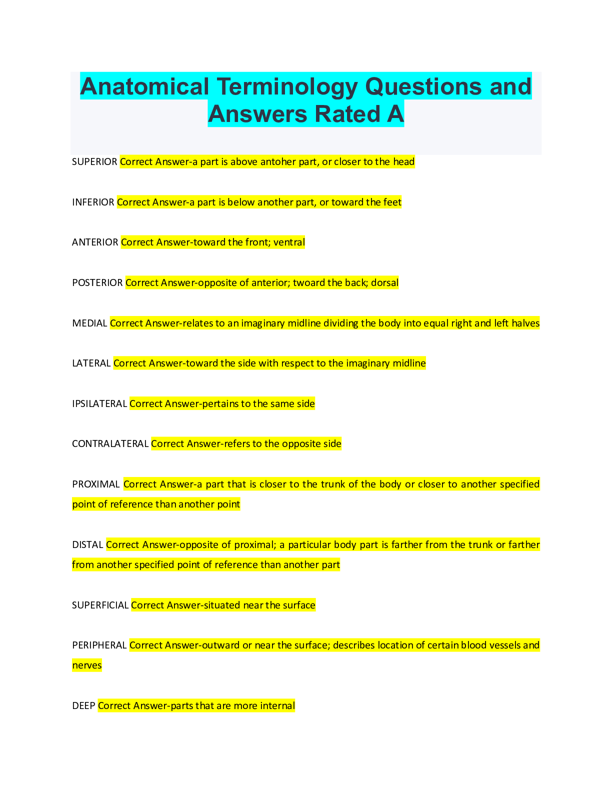 Preview image for Anatomical Terminology Questions and Answers Rated A