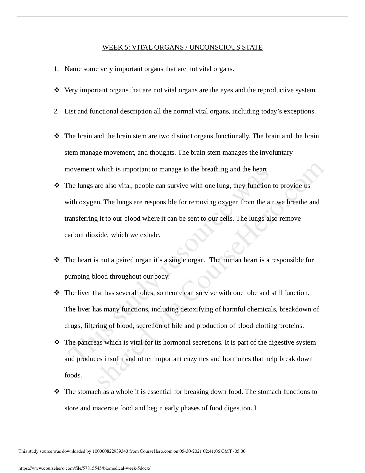 Preview image for WEEK 5: VITAL ORGANS / UNCONSCIOUS STATE