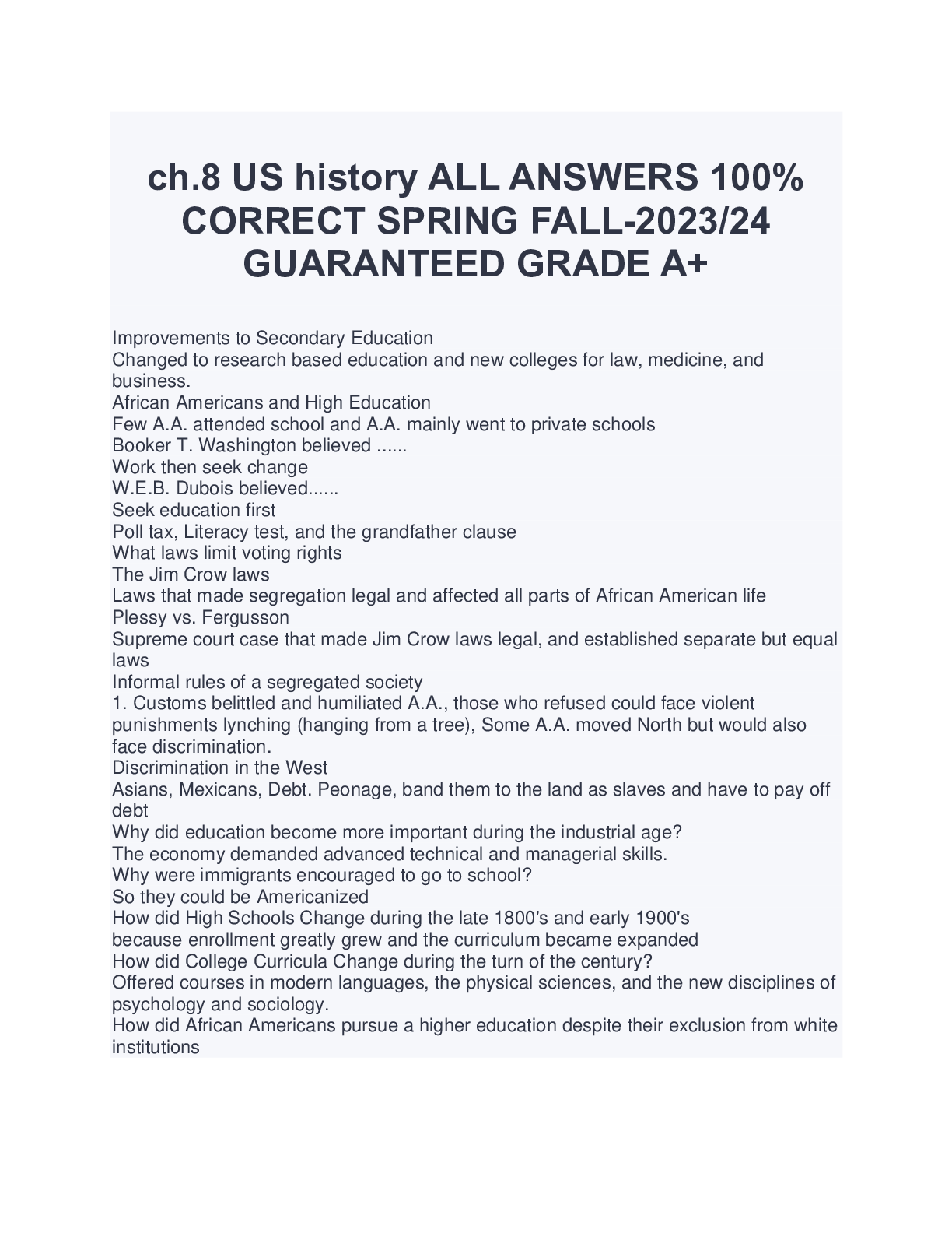Preview image for ch.8 US history ALL ANSWERS 100% CORRECT SPRING FALL-2023/24 GUARANTEED GRADE A+