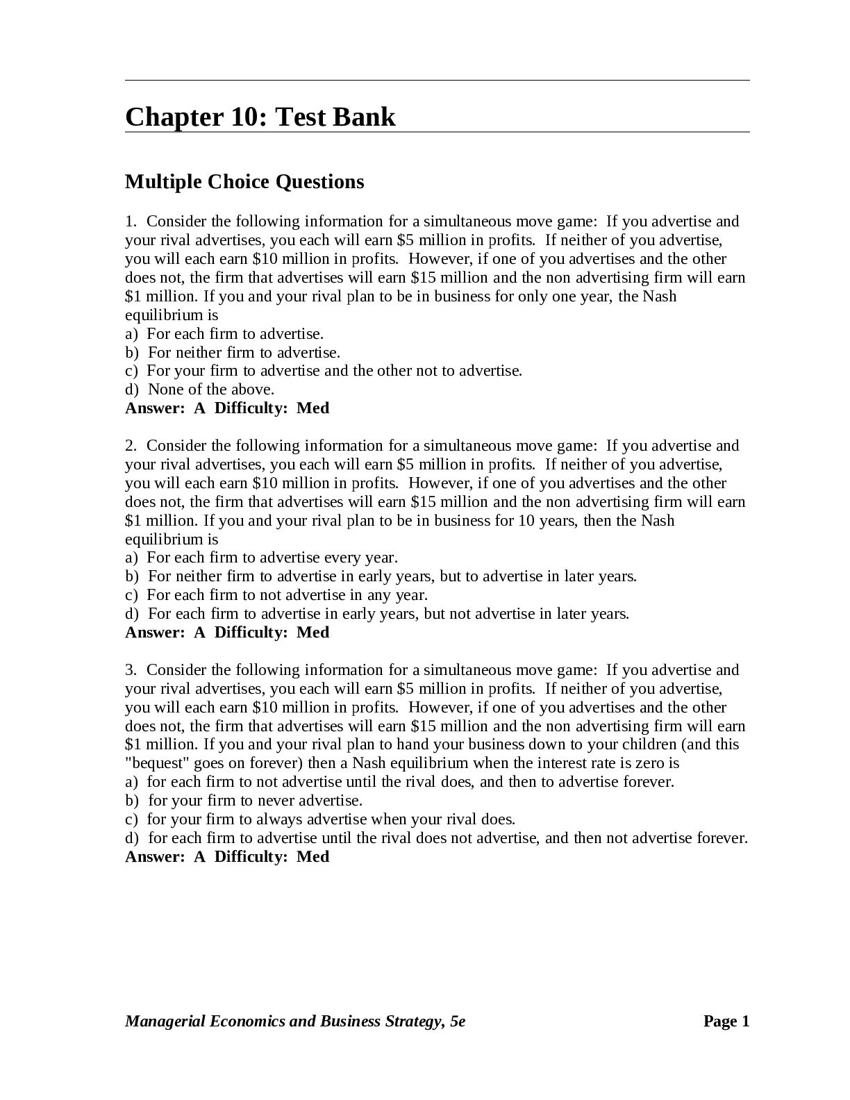 Preview image for Chapter 10: Test Bank Multiple Choice Questions Managerial Economics and Business Strategy, 5e